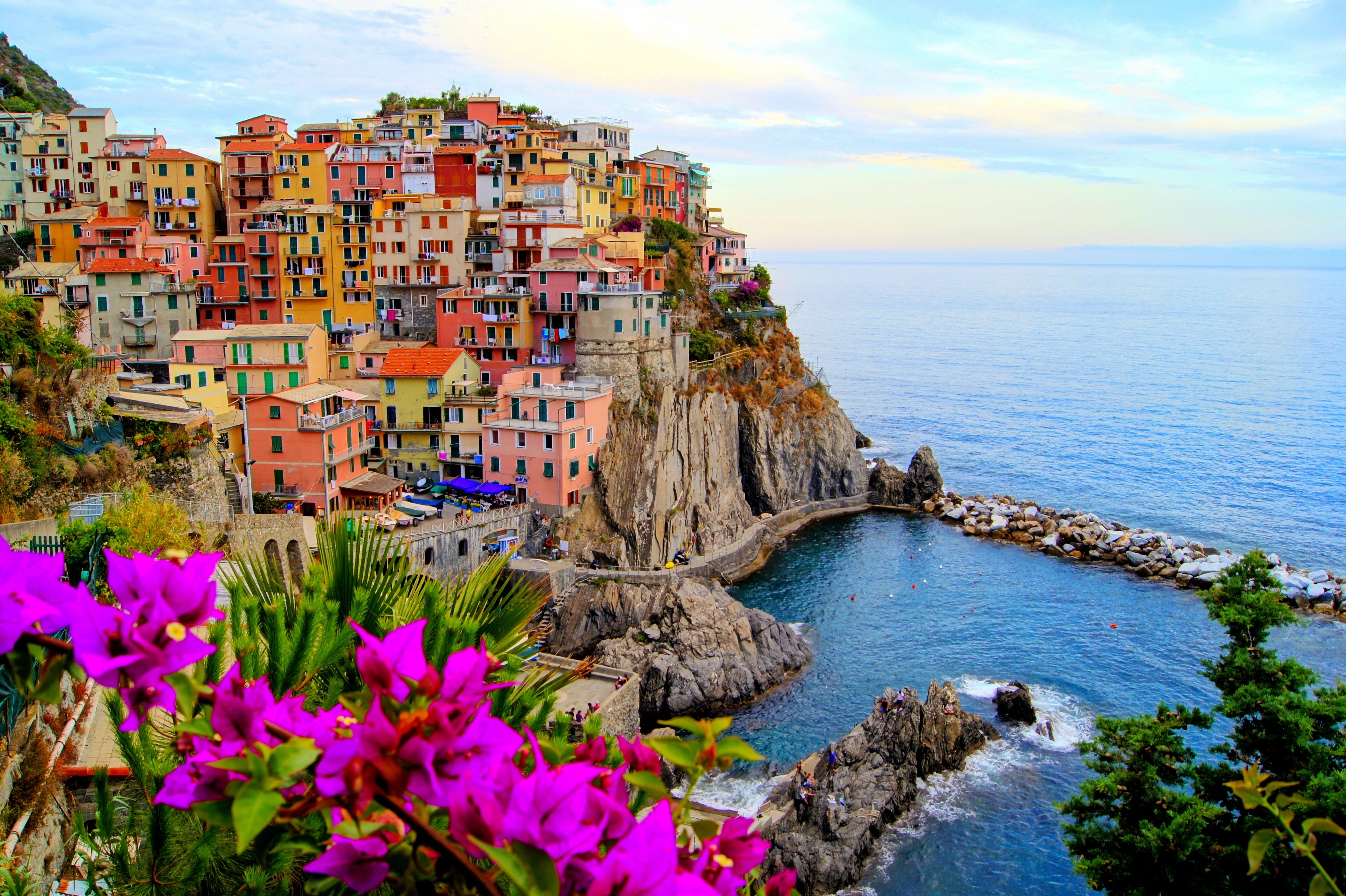 vacations, sky, scenics - nature, tourist Resort, multi Colored, harbor, cliff, liguria, travel, cityscape, manarola, tourist, summer, no people, urban Scene, HD Wallpaper