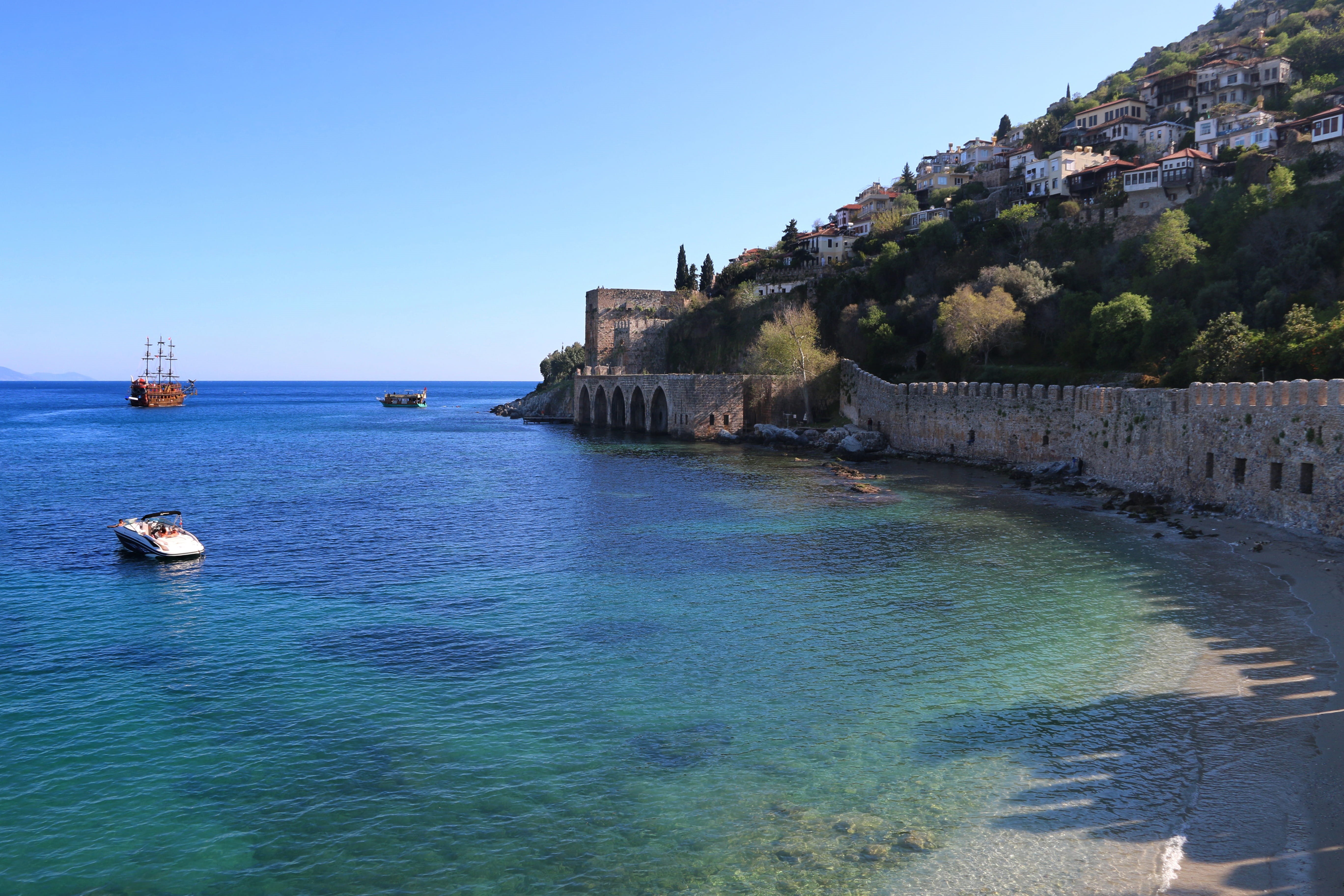 sea, Alanya, 5K, kızılkule, Landscape, scenics - nature, architecture, transportation, no people, Marine, horizon over water, nature, tranquil scene, beach, HD Wallpaper