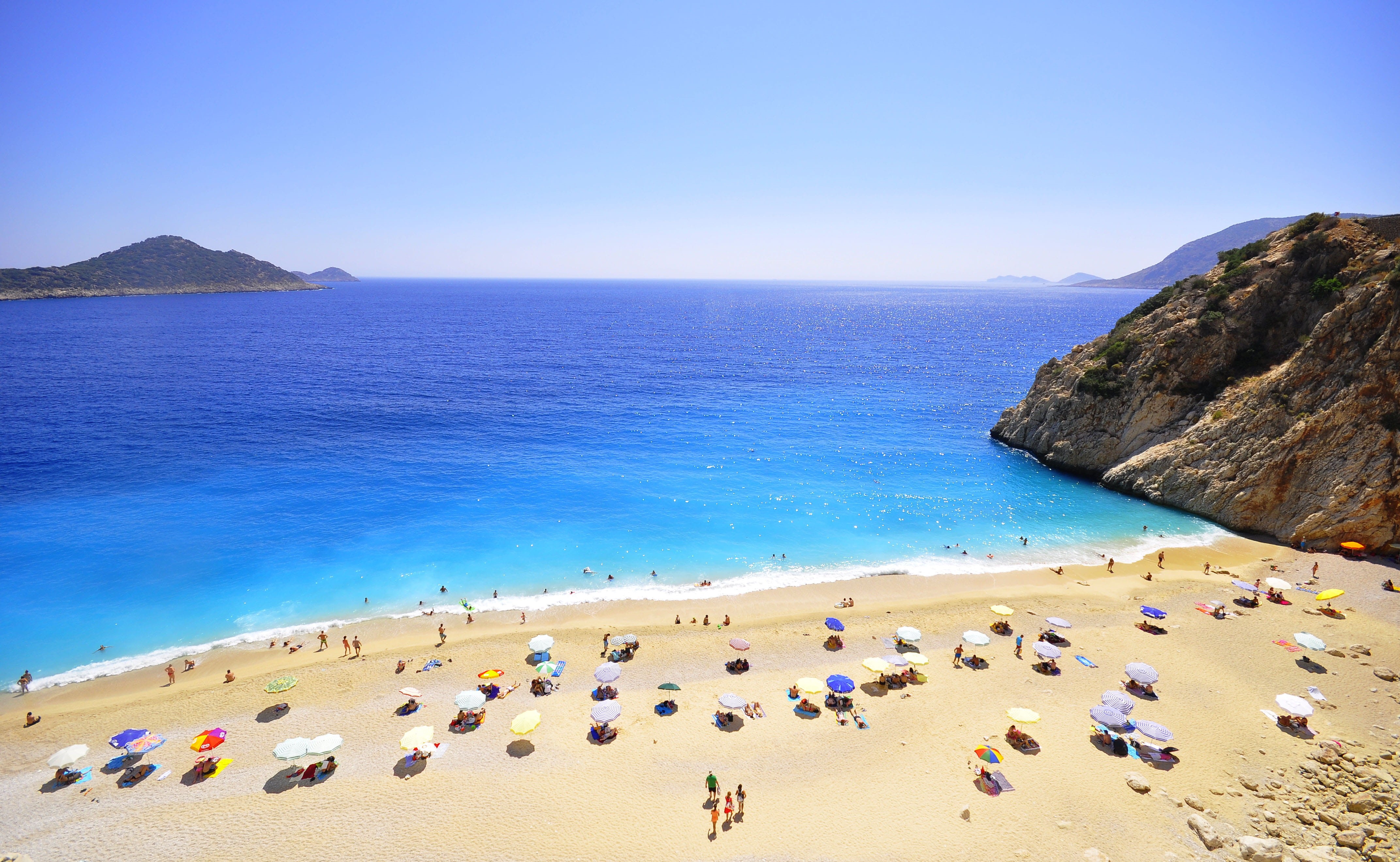 outdoors, water, tranquility, 4K, horizon, land, nature, sky, crowd, clear sky, horizon over water, turquoise coast turkey, holiday, sea, group of people, HD Wallpaper