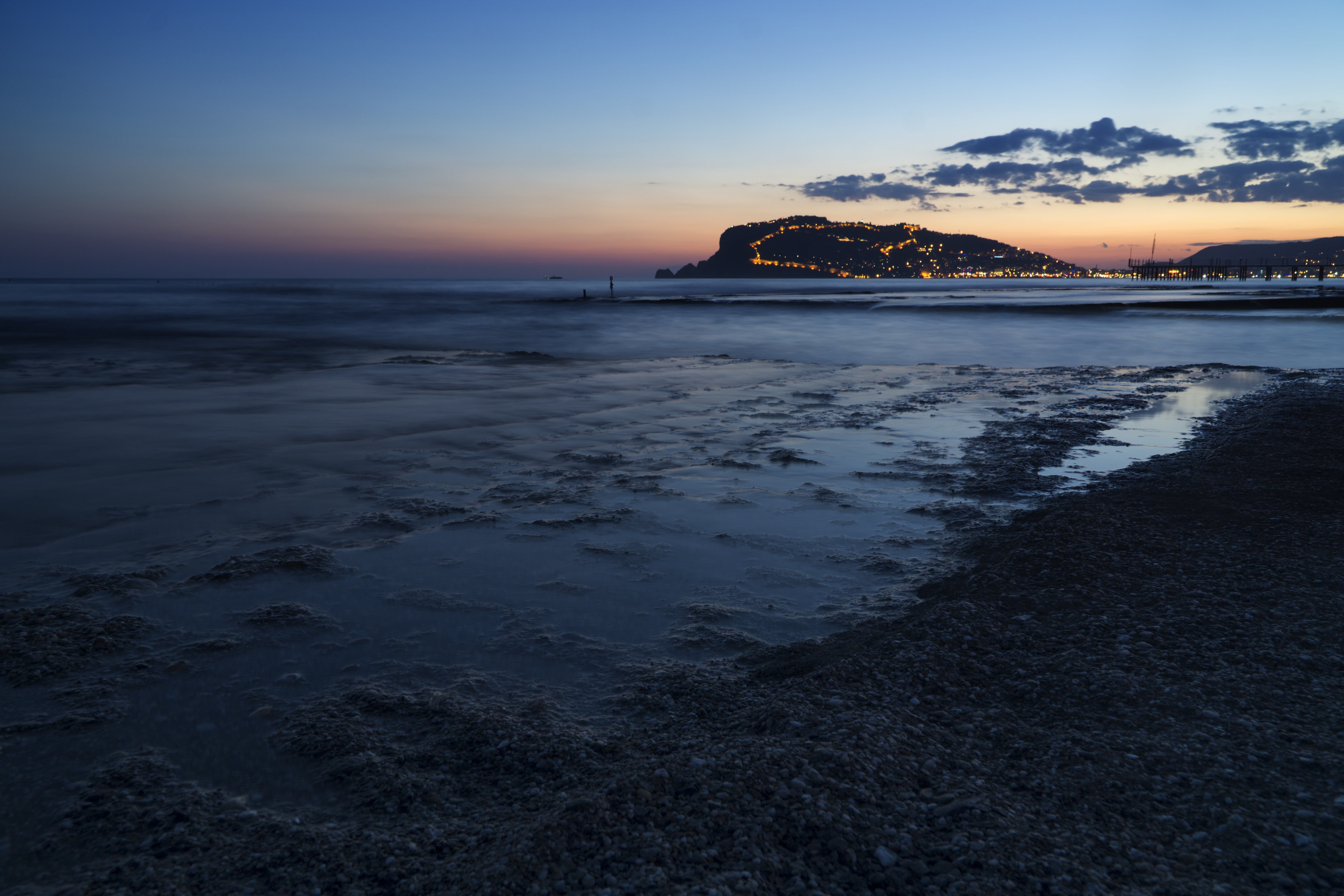 cloud - sky, turkey, peace, tranquil scene, blue, mediterranean, views of the sea, beauty in nature, castle, dusk, land, scenics - nature, alanya, 5K, HD Wallpaper