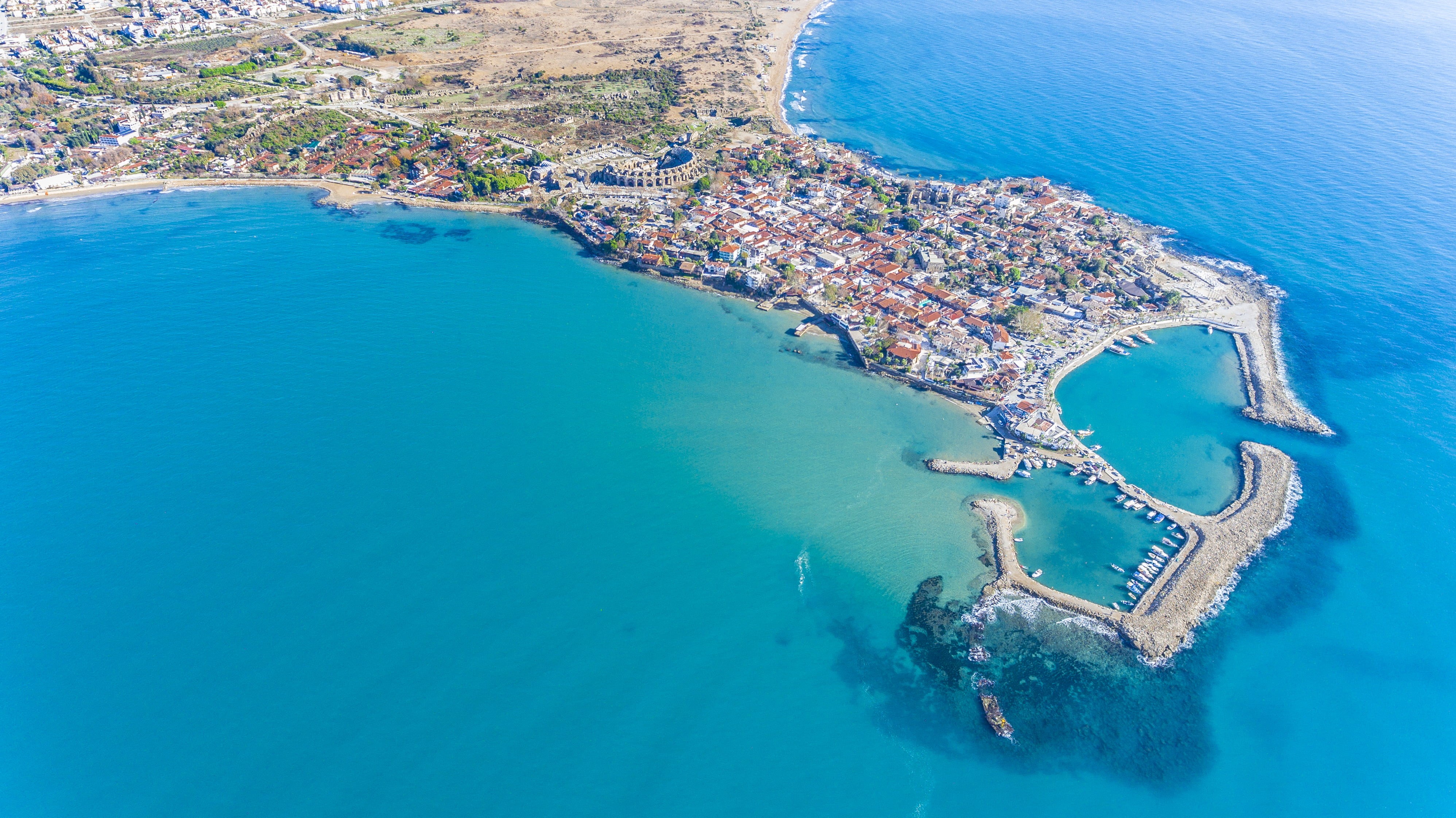 s, day, aerial, outdoors, no people, antalya, turkey, blue, e, ocean, landscape, aerial view, shoreline, swimming pool, cityscape, island, beach, sea, water, HD Wallpaper
