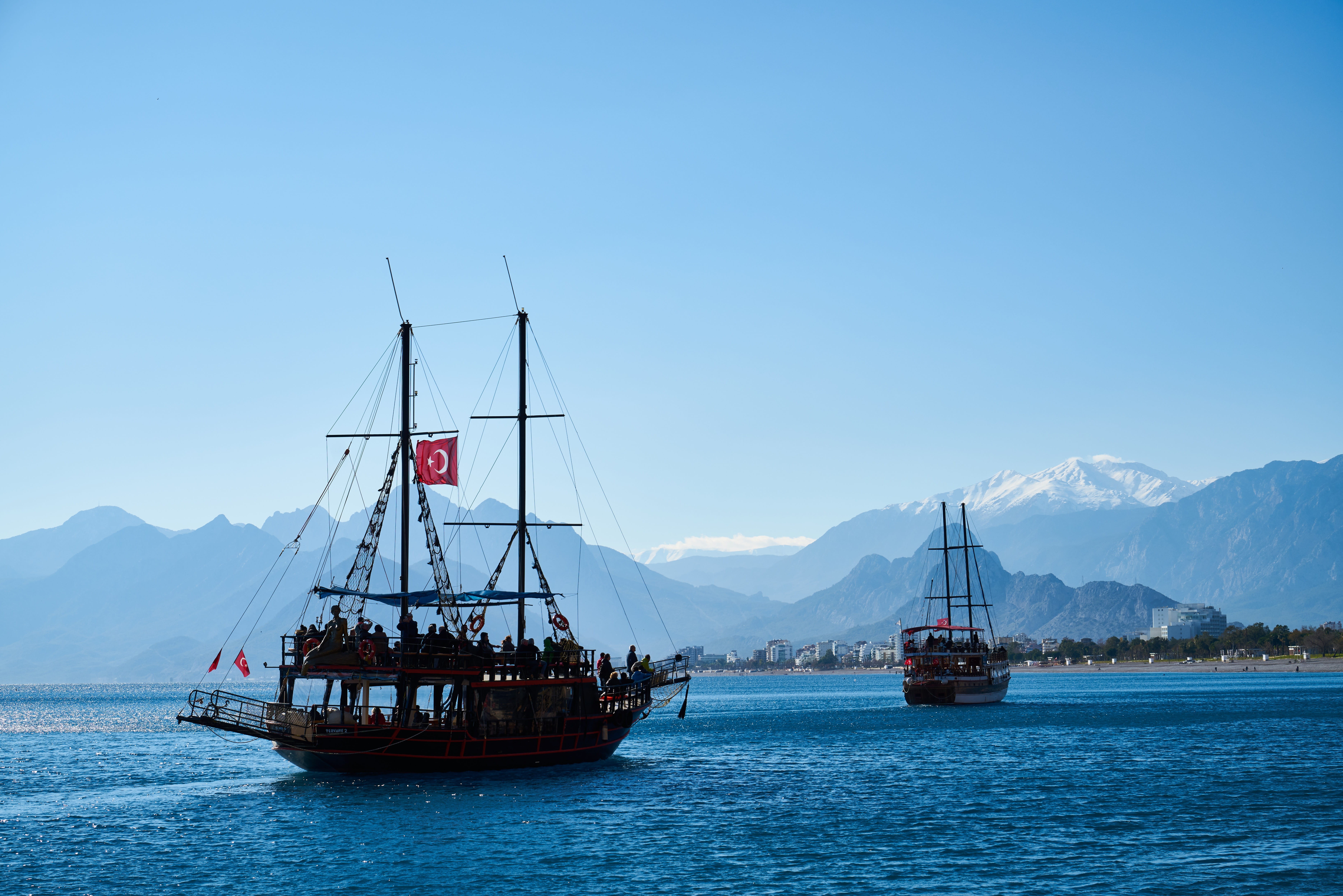 scenics - nature, yacht, outdoors, ocean, mast, old, sailboat, mode of transportation, coastal, landscape, rocks, mountain range, paradise, summer, tourism, HD Wallpaper