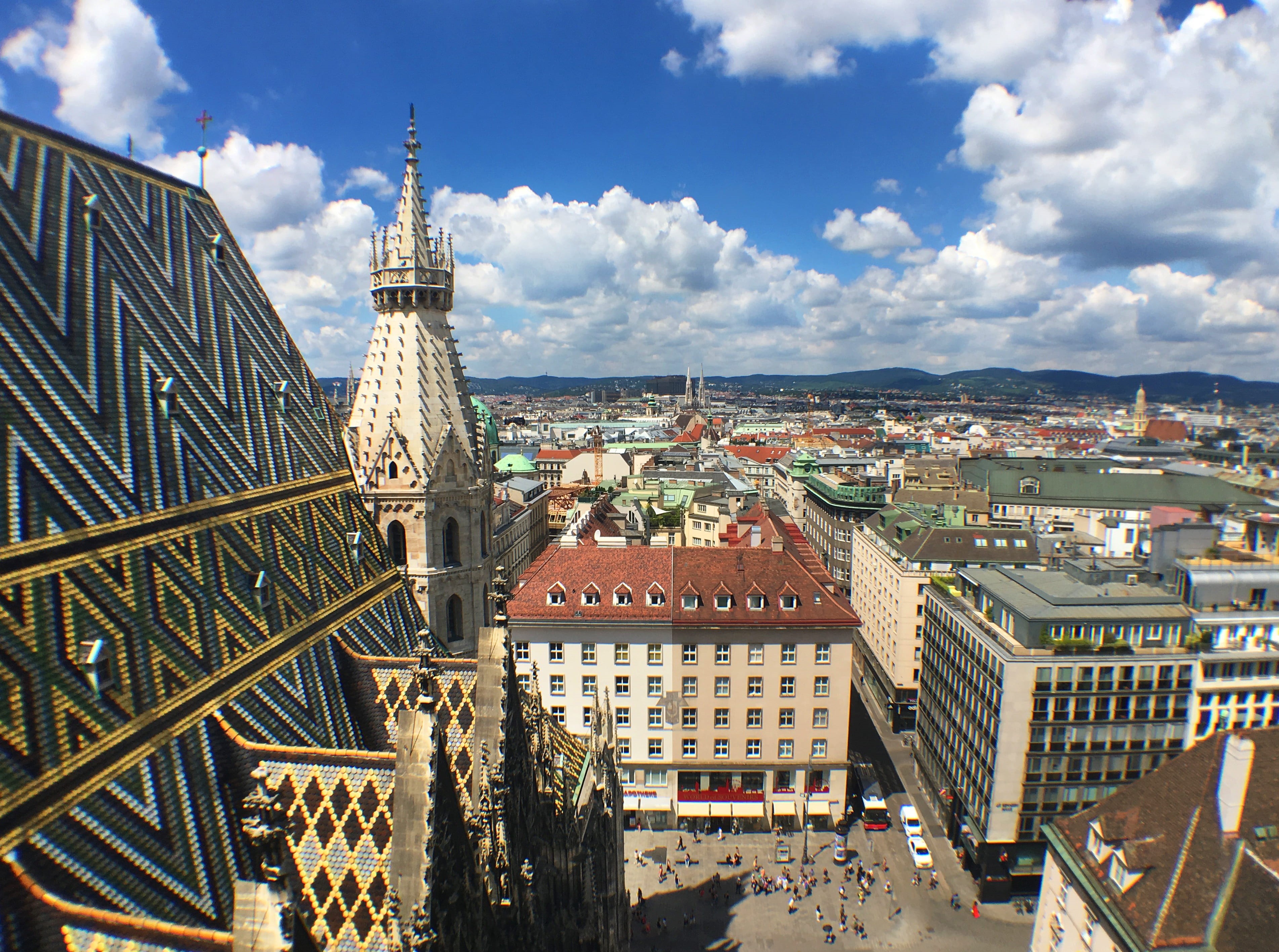 architecture, building exterior, 2K, europe, building, city, spire, outdoors, austria, travel, high angle view, tower, tourism, cloud - sky, built structure, HD Wallpaper