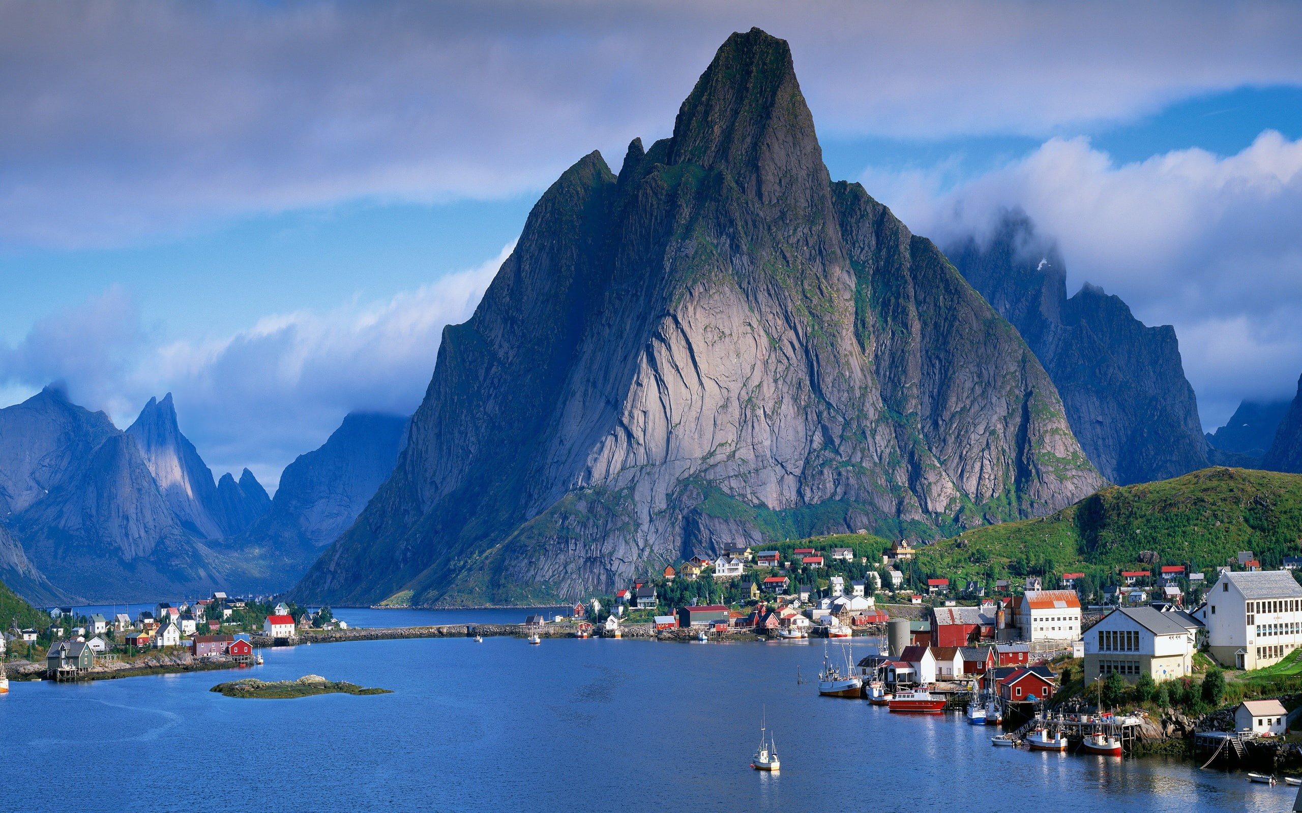 Town, Houses, Clouds, Lake, rock, Beautiful, Mountains, mountain, 2K, HD Wallpaper