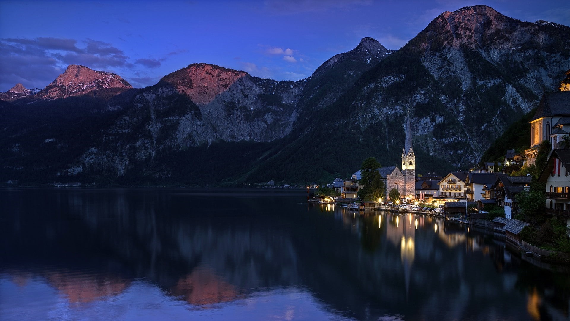 beauty in nature, waterfront, mountain lake, illuminated, reflection, sky, water, mountain village, outdoors, nature, salzkammergut, austria, hallstattersee, HD Wallpaper