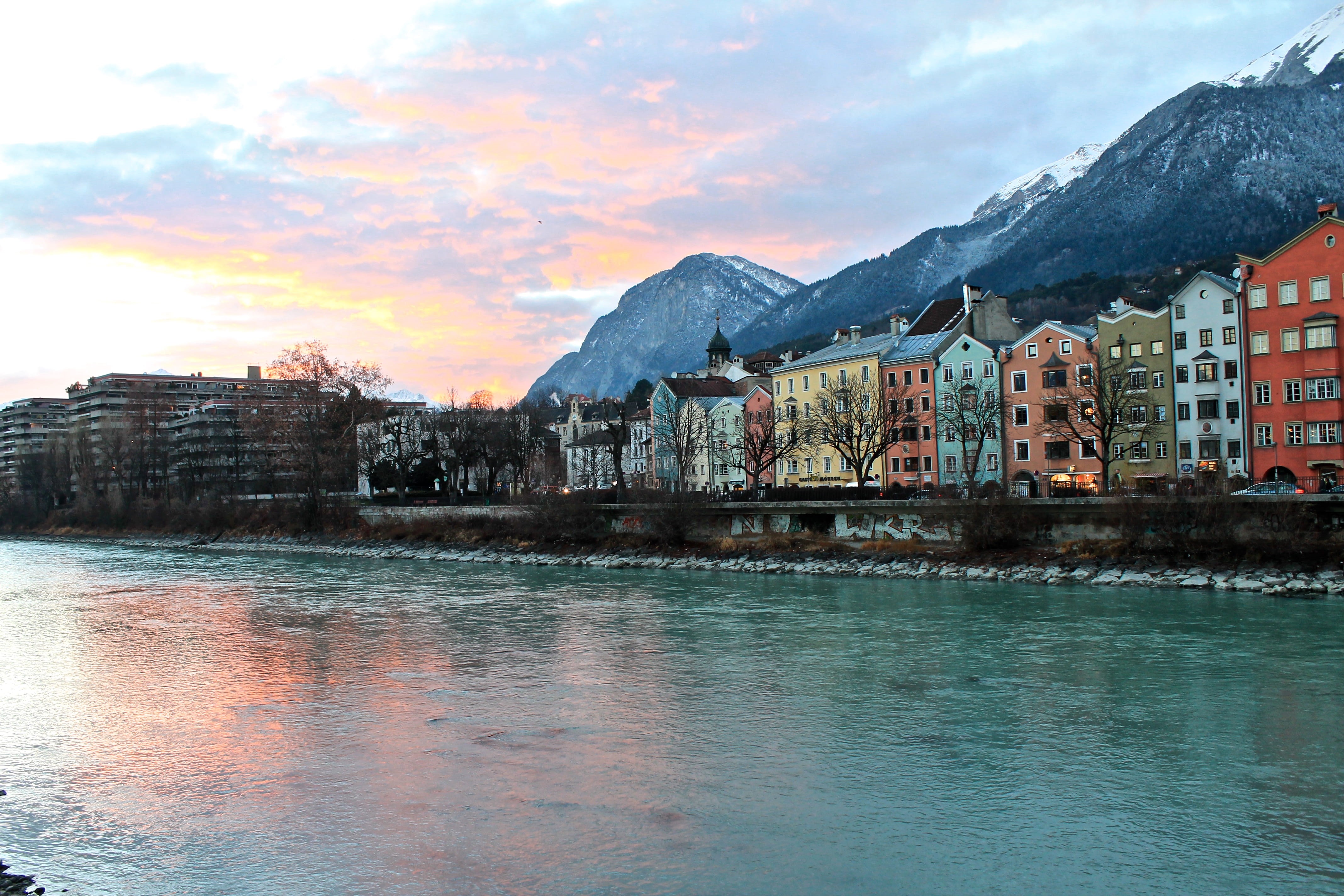 austria, scenics - nature, cloud - sky, mountains, architecture, innsbruck, house, reflection, 4K, river, winter, sunset, beauty in nature, building exterior, HD Wallpaper