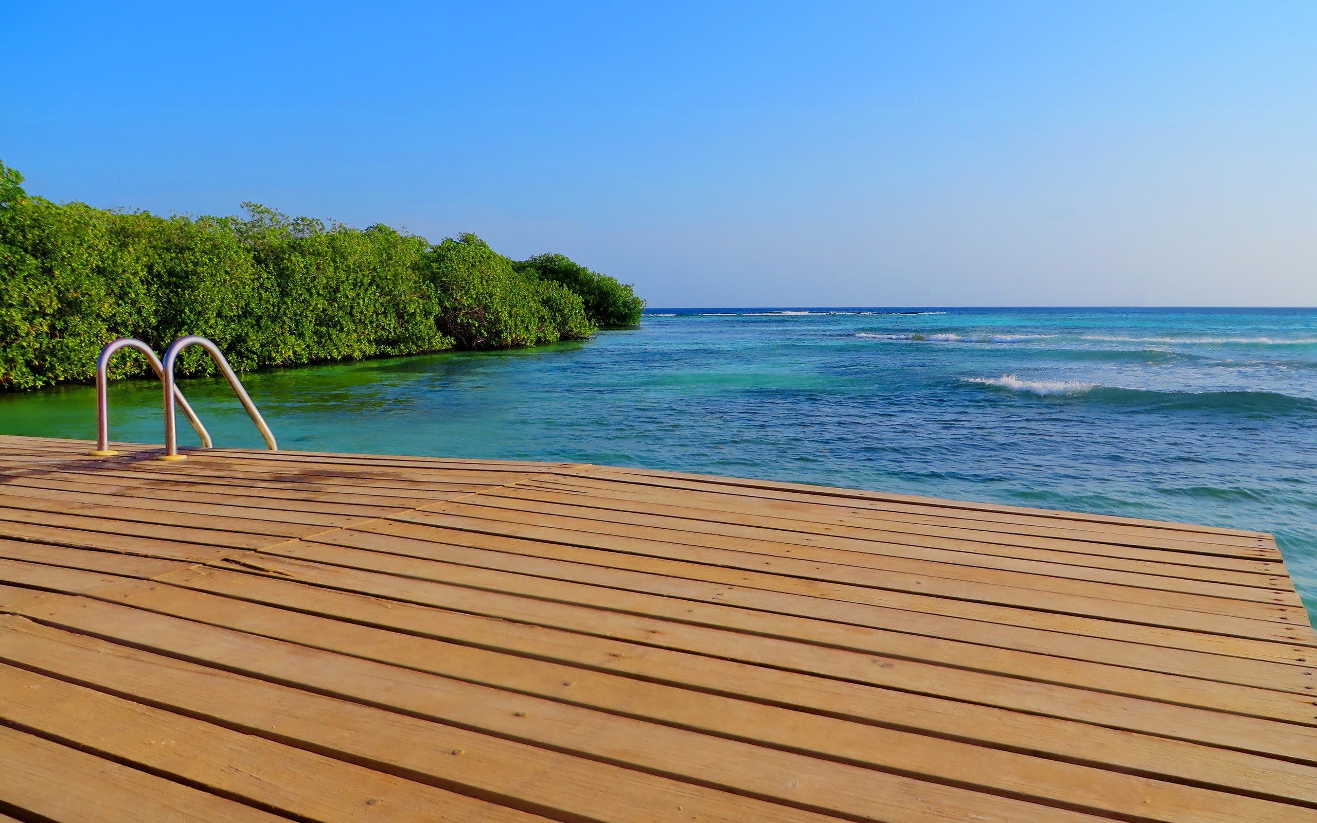 tranquility, plant, swimming pool, blue, outdoors, sky, land, clear sky, tranquil scene, sea, tree, nature, beauty in nature, Aruba, horizon, scenics - nature, HD Wallpaper