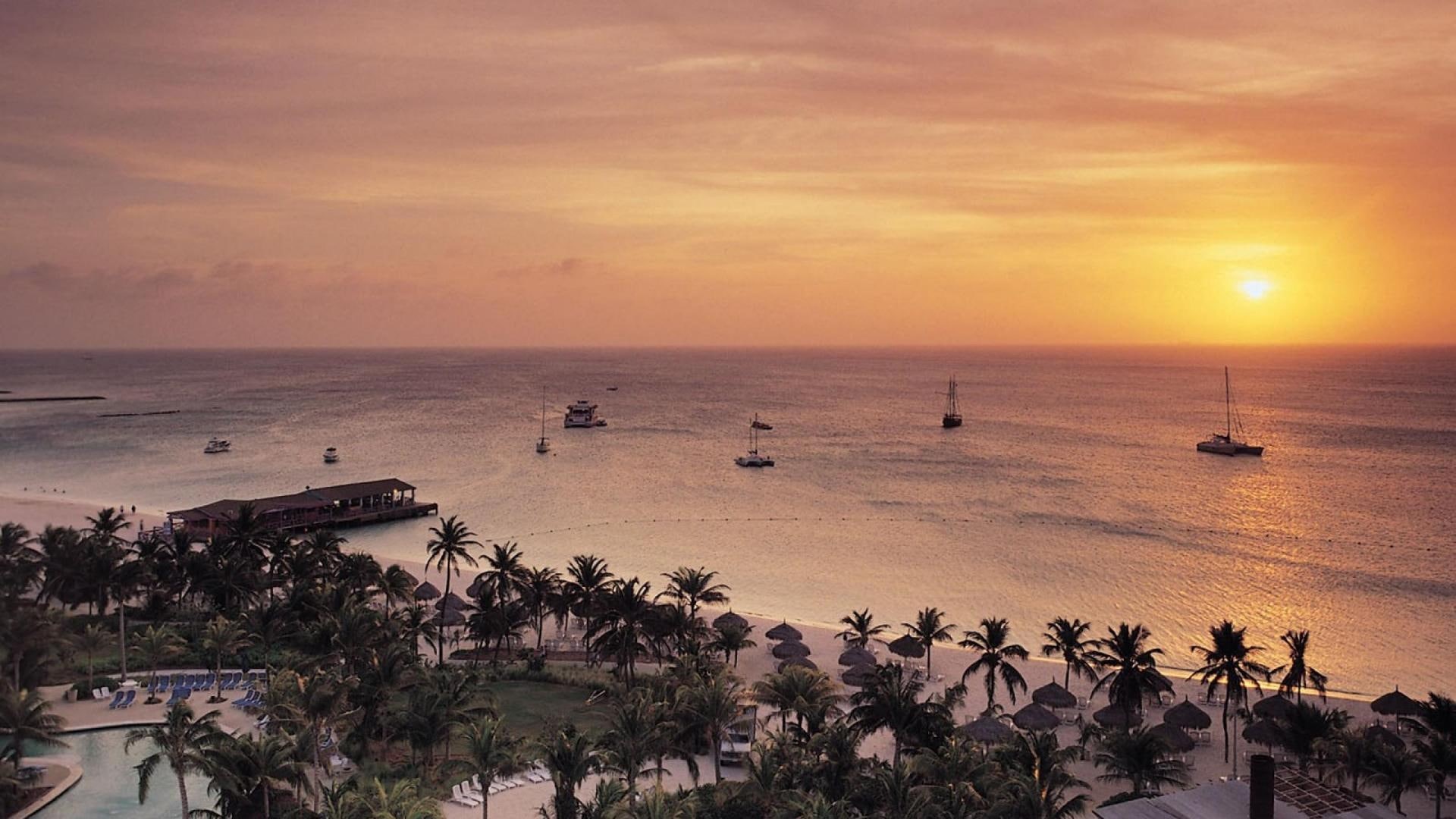 nature and landscapes, radisson, sunset, resort, 1080P, reort, aruba, boats, HD Wallpaper