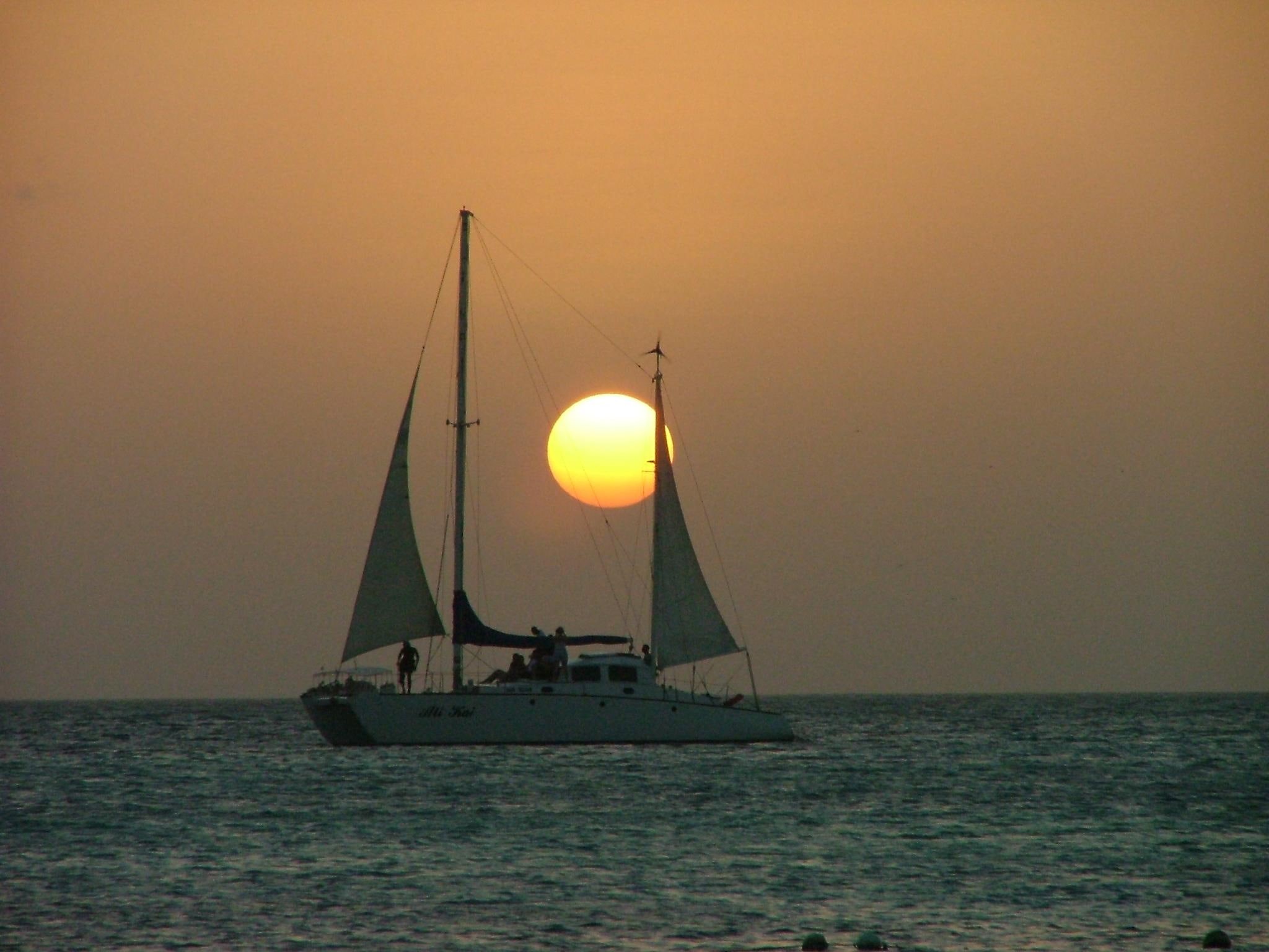sunset, sailboat, 3d and abstract, aruba, 1080P, nature, HD Wallpaper