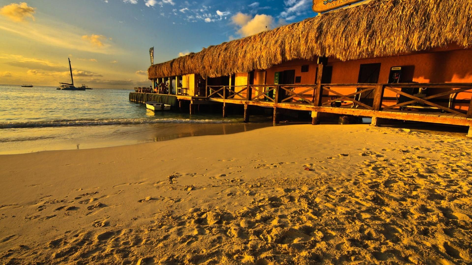 boat, nature and landscapes, aruba, pier, palm, stores, beach, 1080P, HD Wallpaper
