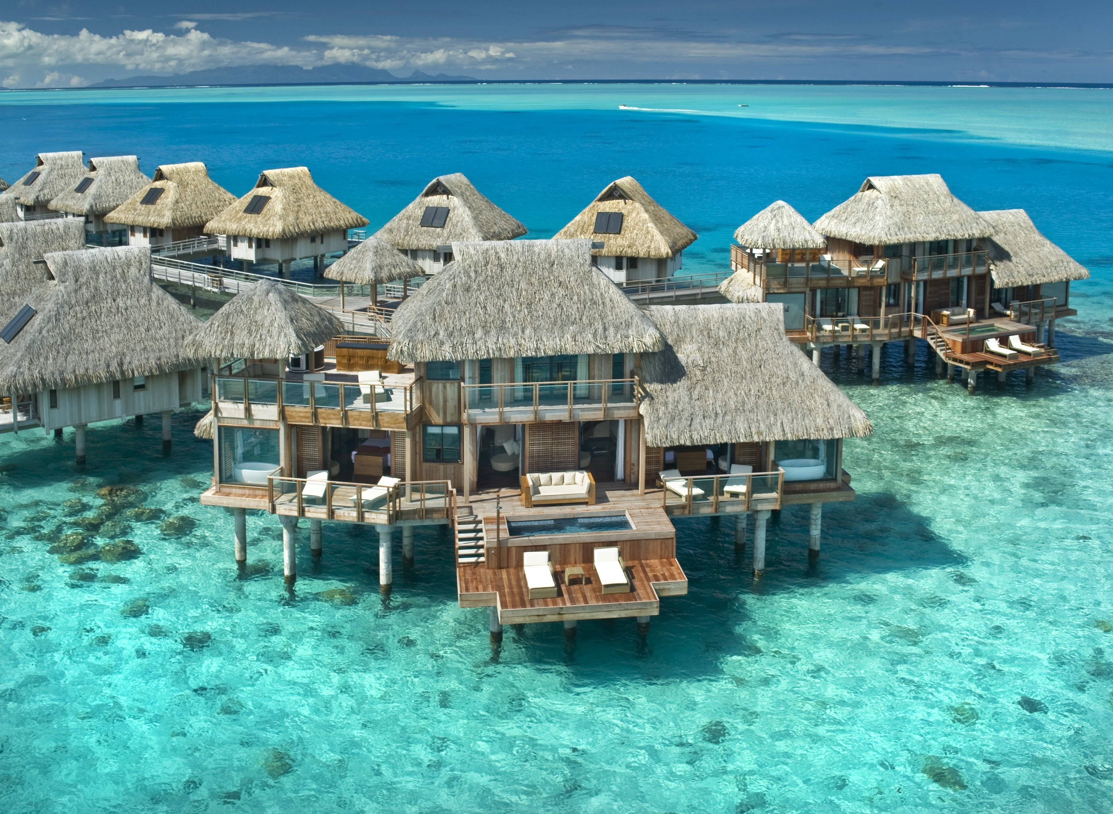 chair, seascape, sea, exoticism, holiday Villa, tourism, travel Destinations, sunlight, beach, idyllic, beauty In Nature, summer, travel, Bora-Bora, thatched Roof, HD Wallpaper