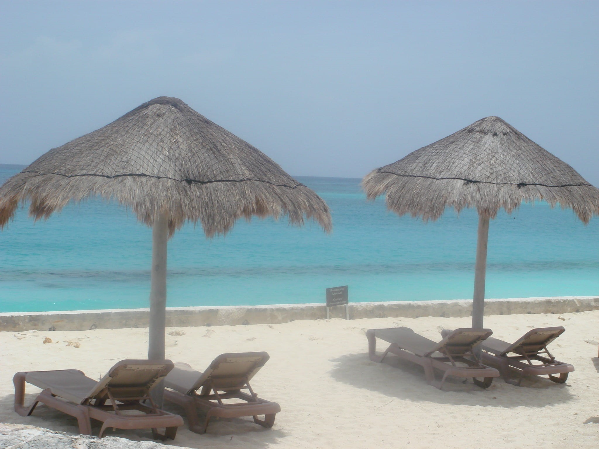 clouds, calm, palapas, rest, outdoors, horizon, cancun, turquoise, peaceful, beauty, land, parasol, umbrella, thatched roof, two, sand, 1080P, water, gray, HD Wallpaper