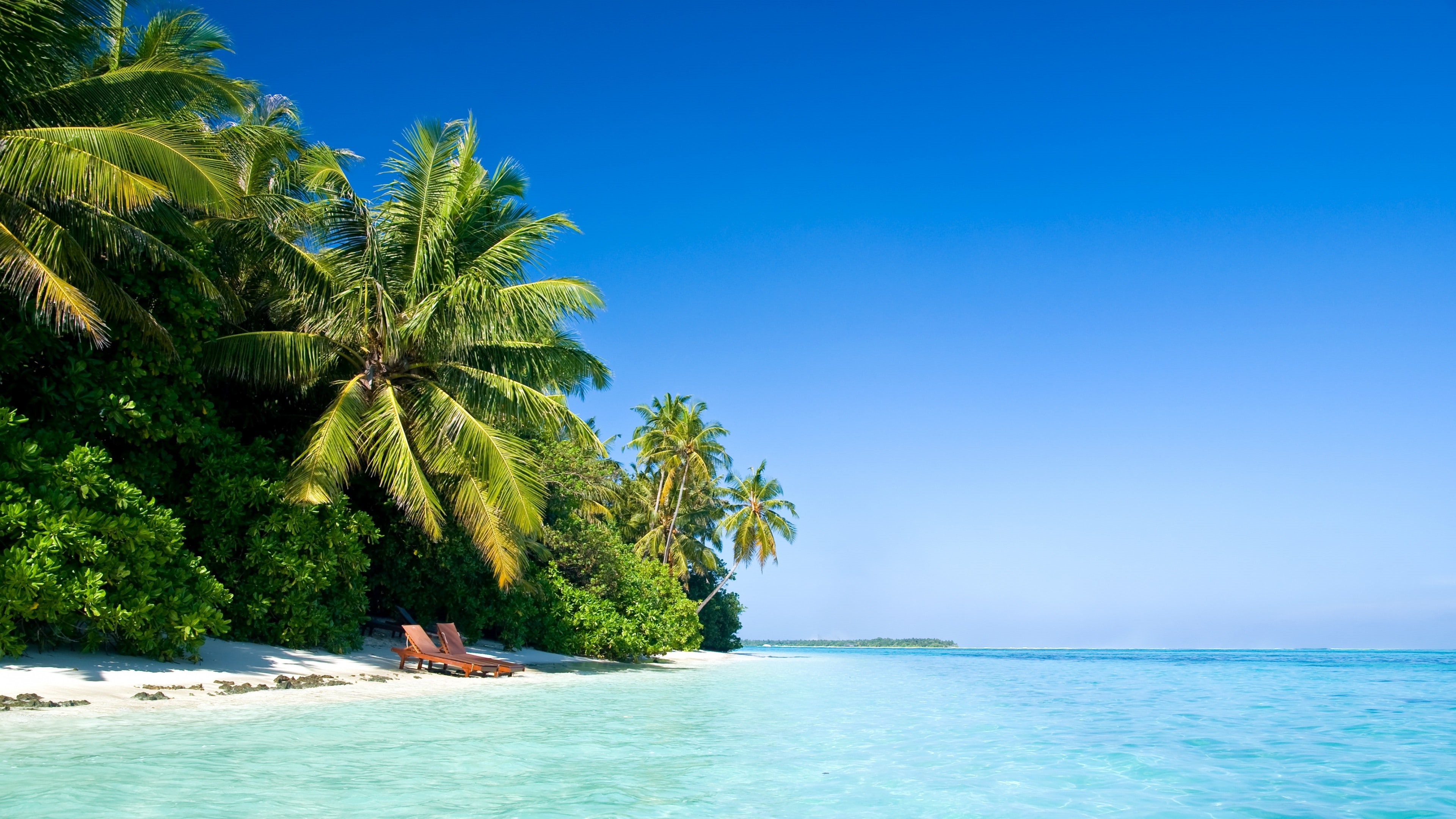 turquoise colored, idyllic, clear sky, scenics - nature, tranquil scene, sky, tree, 4K, nature, no people, beach, tranquility, land, sunbed, horizon over water, HD Wallpaper