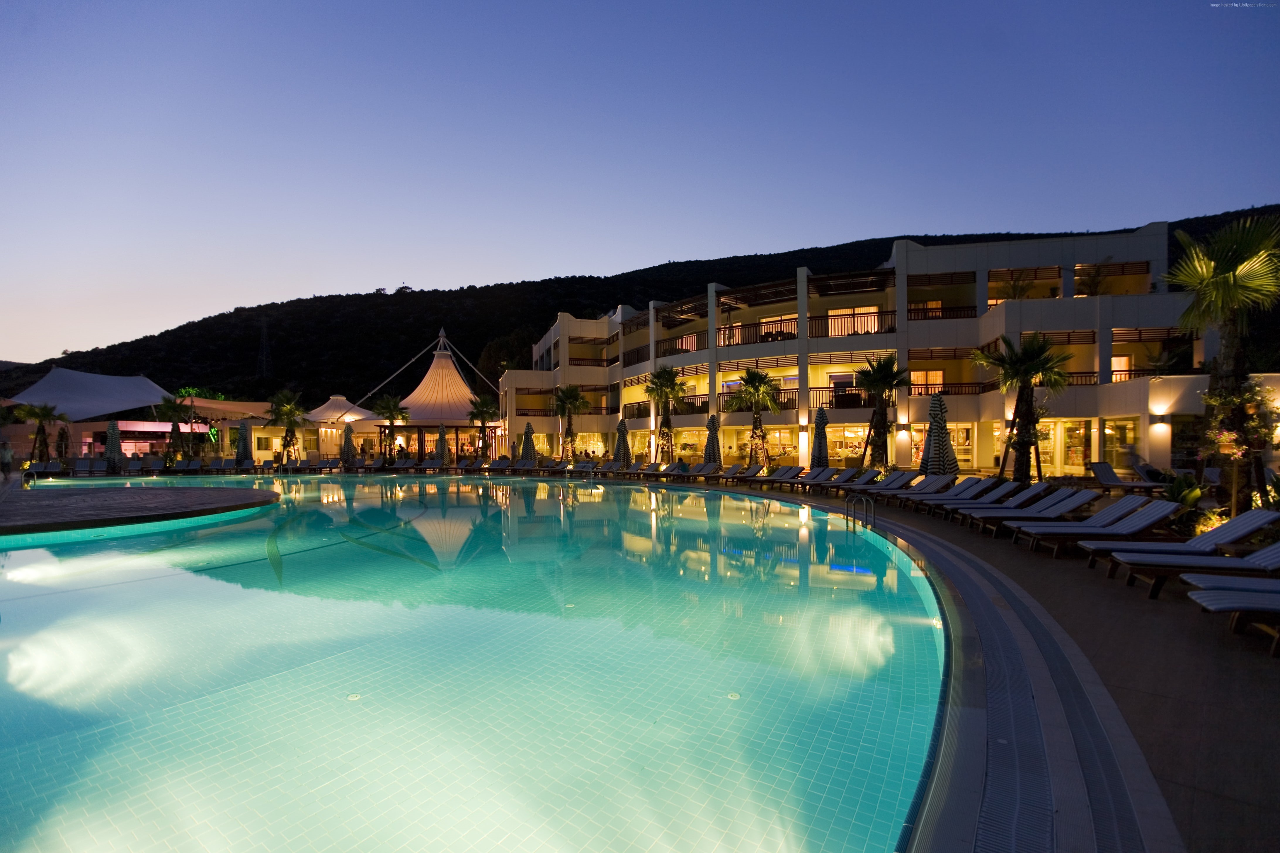resort, vacation, sunbed, Turkey, reflection, Latanya Bodrum Beach Resort, light, booking, pool, twilight, 4K, travel, hotel, HD Wallpaper