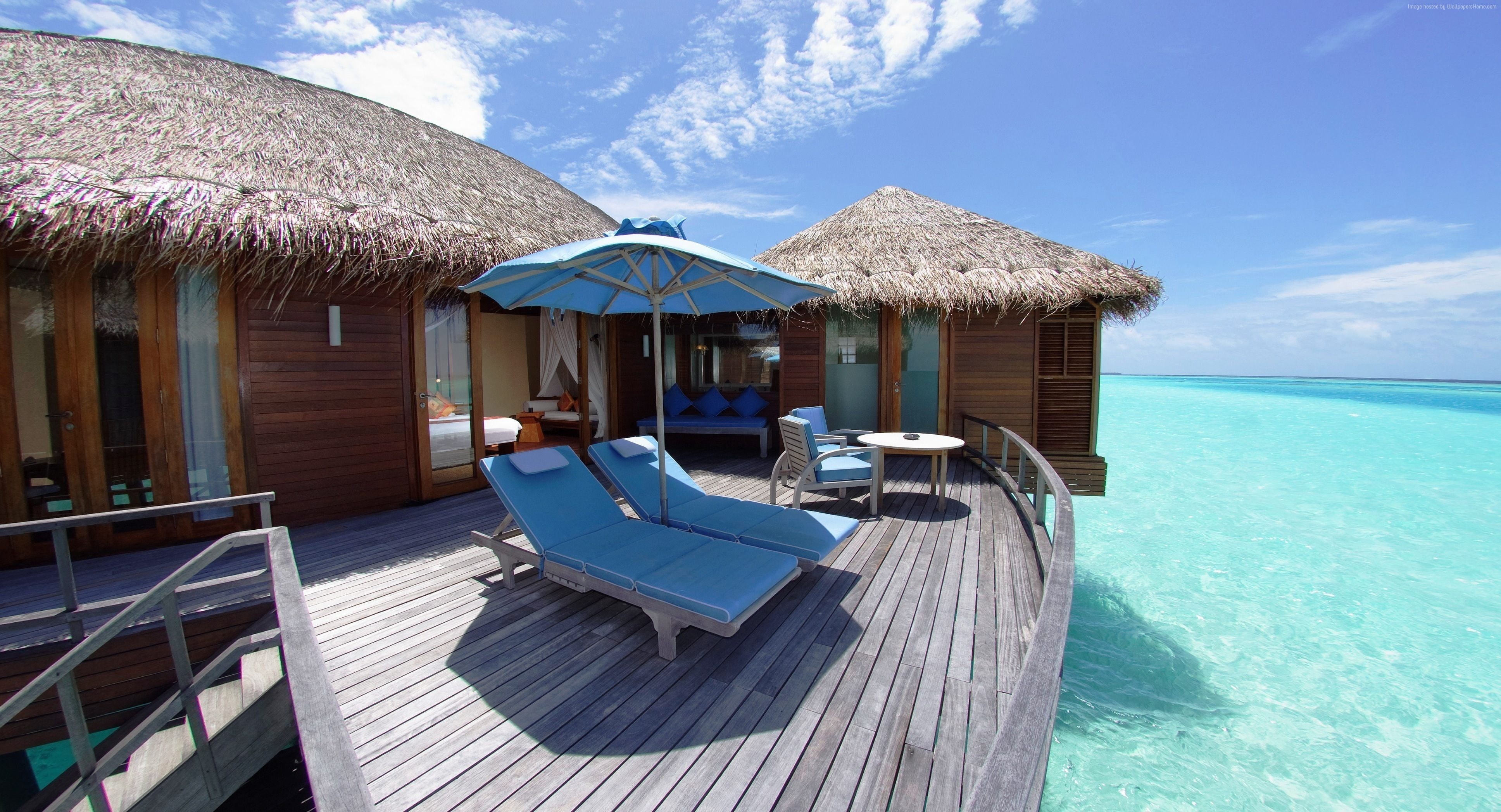 tourism, 4K, resort, Best Hotels of 2017, sunbed, Anantara Kihavah Resort, vacation, travel, Best Beaches in the World, Maldives, HD Wallpaper