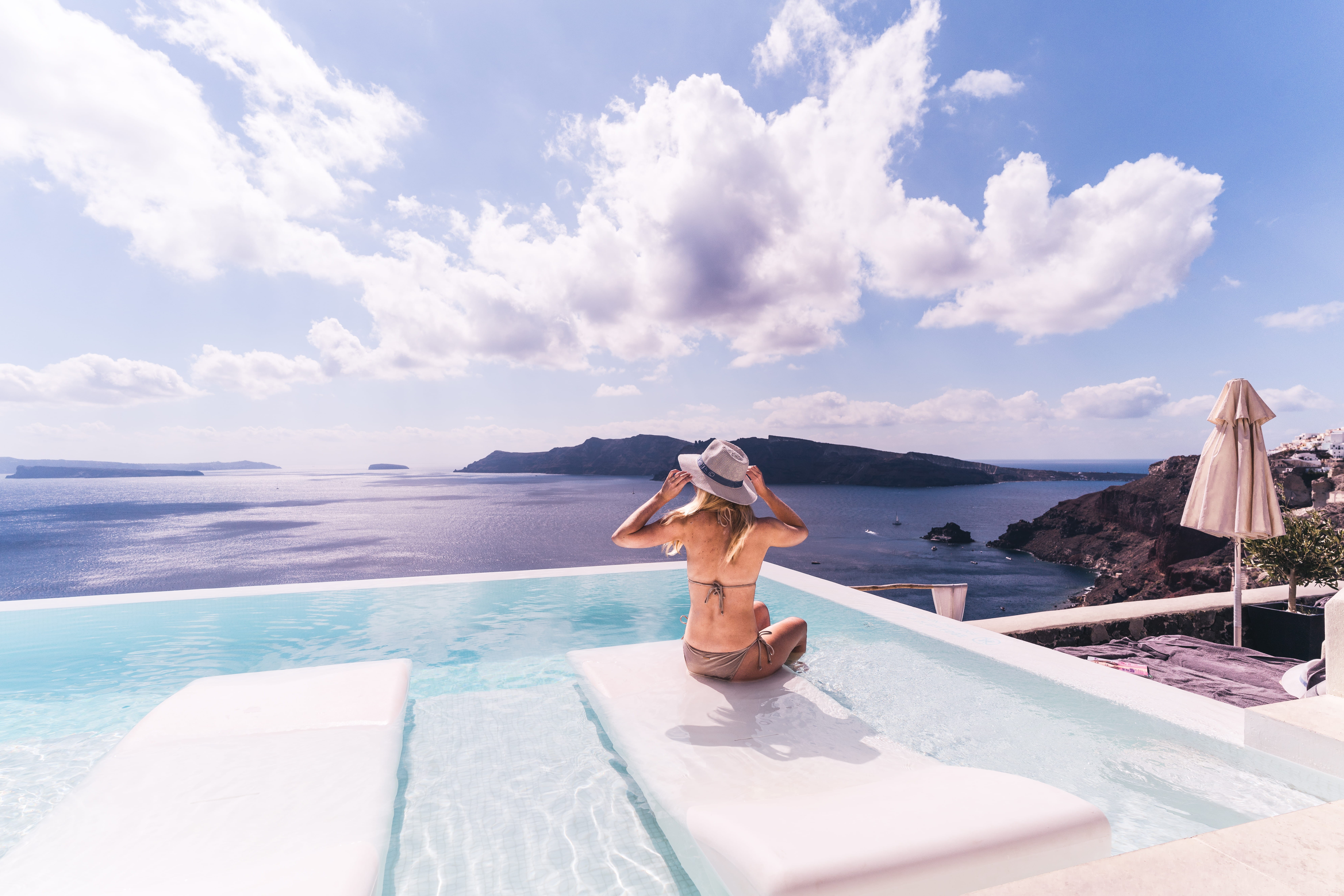 cloudscape, swimming Pool, near, young Adult, lifestyles, tropical Climate, caucasian Ethnicity, island, beauty In Nature, adult, sunbed, chair, day, female, HD Wallpaper