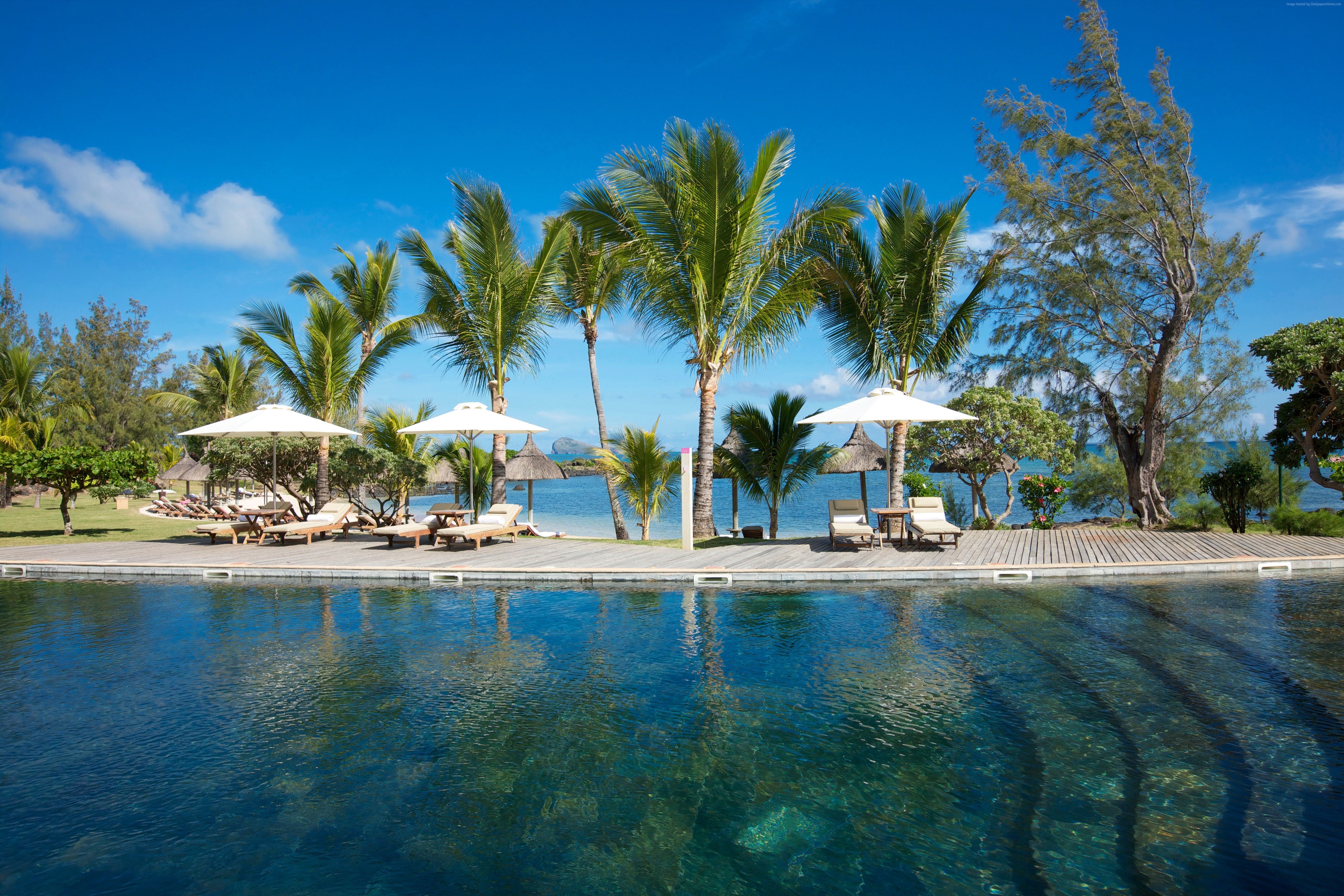 ocean, travel, Hotel, blue, sky, pool, palm, water, sea, Grand Gaube, Worlds best diving sites, Mauritius, sunbed, 5K, booking, vacation, HD Wallpaper