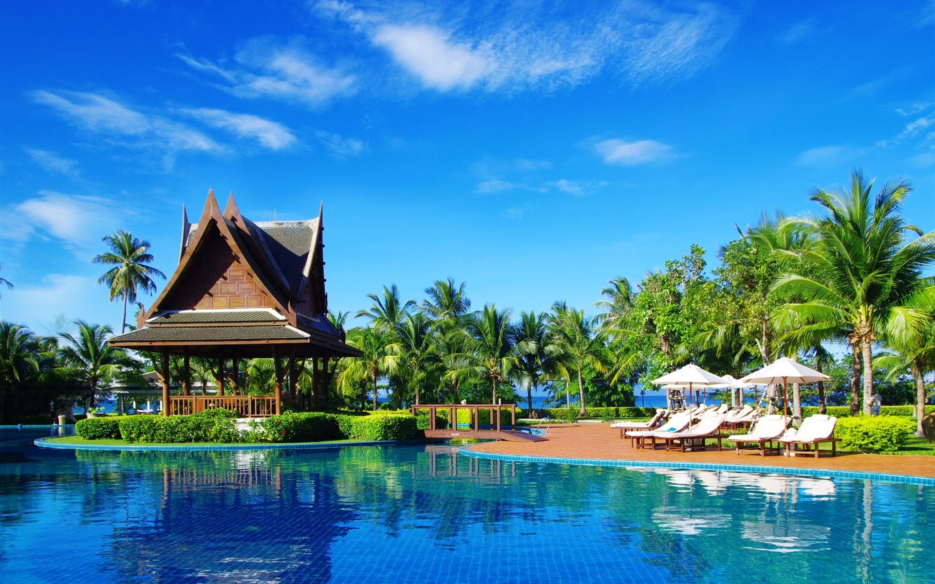 Sunbeds, 1080P, Pool, Umbrellas, House, Shrubs, Trees, HD Wallpaper