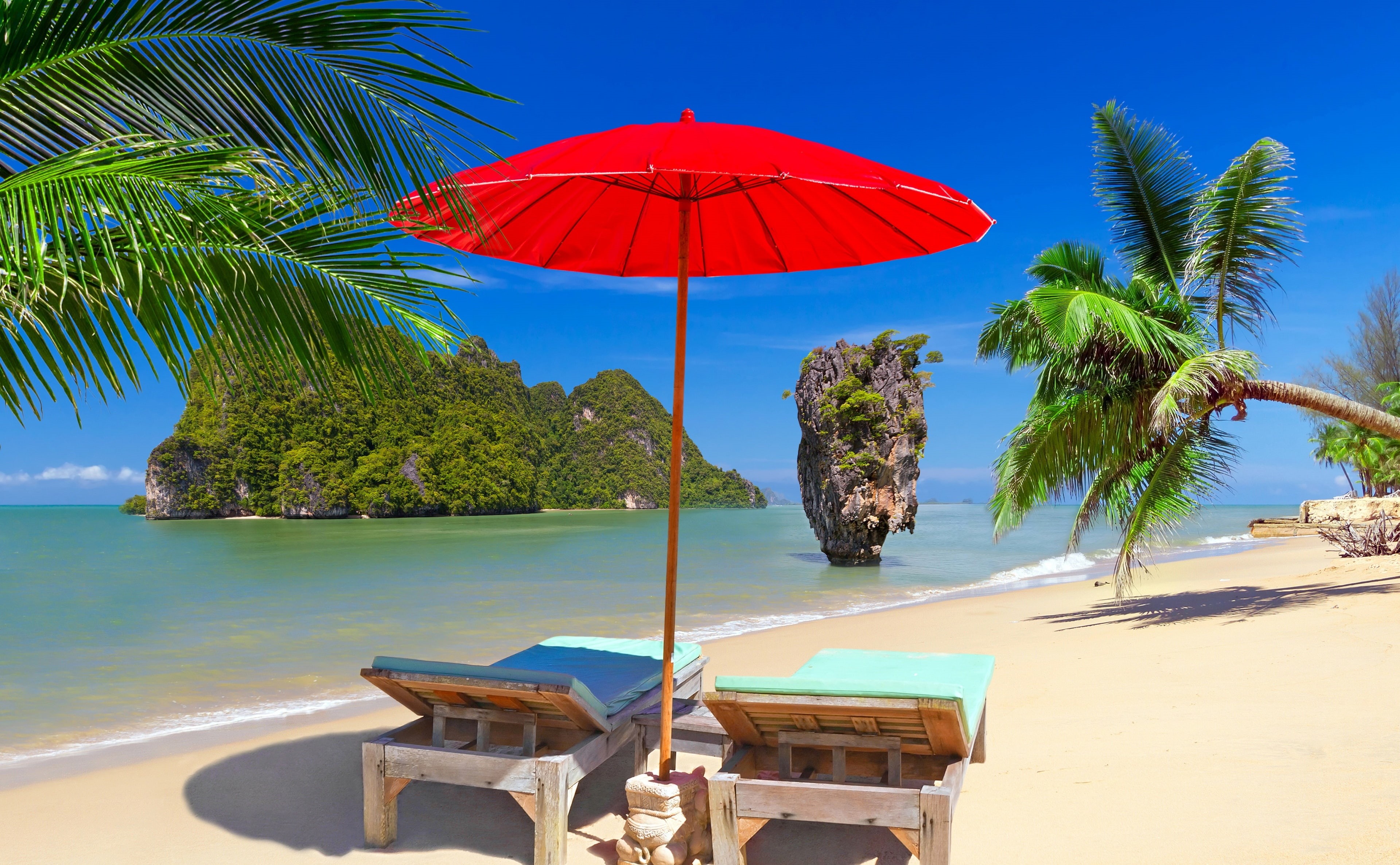 nature, sunumbrella, tropical climate, scenics - nature, 4K, land, Water, Vacation, turquoise colored, horizon, sea, no people, beauty in nature, HD Wallpaper