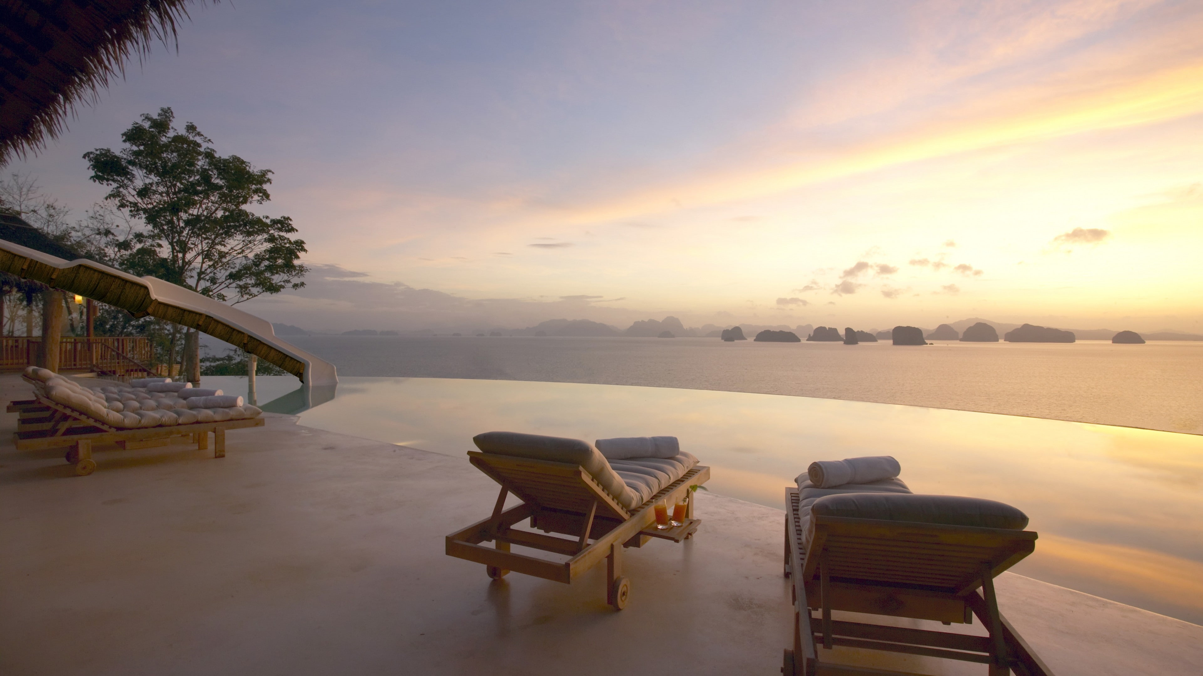 chairs, sunrise, 4K, wooden, view, resort, The best hotel pools 2017, Six Senses Yao Noi, pool, sunset, lounge, sky, brown, sunbed, two, Koh Yao Noi, vacation, HD Wallpaper