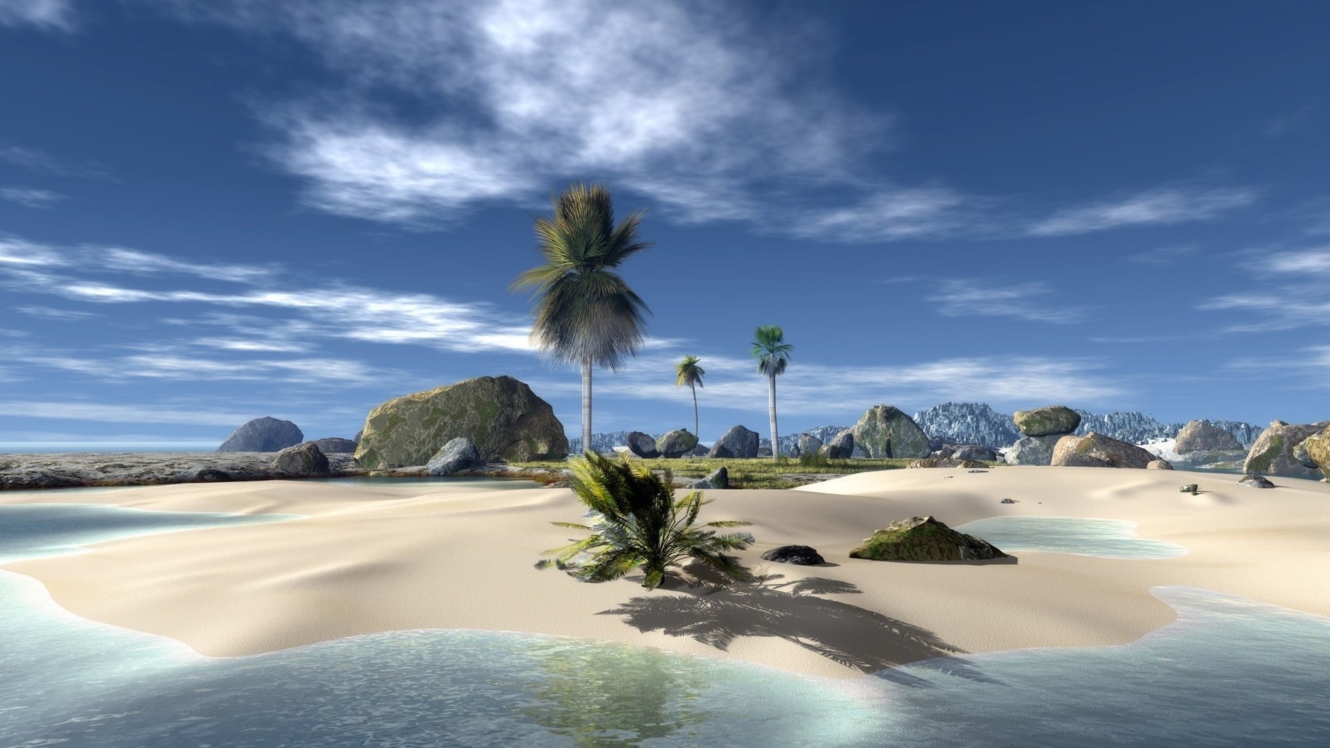 swimming pool, tropical climate, idyllic, arecales, calm, coast, cloud - sky, travel destinations, plant, ocean, palm tree, beach, no people, island, tranquility, HD Wallpaper