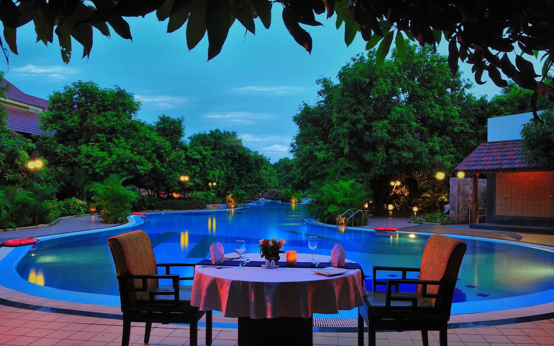resort, hotel, trees, garden, 1080P, mansions, swimming pool, HD Wallpaper