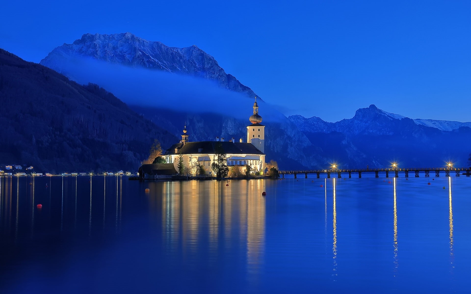 Lake, Blue, Night, Sky, Mountains, 1080P, Gmunden, House, Traunsee, Austria, HD Wallpaper