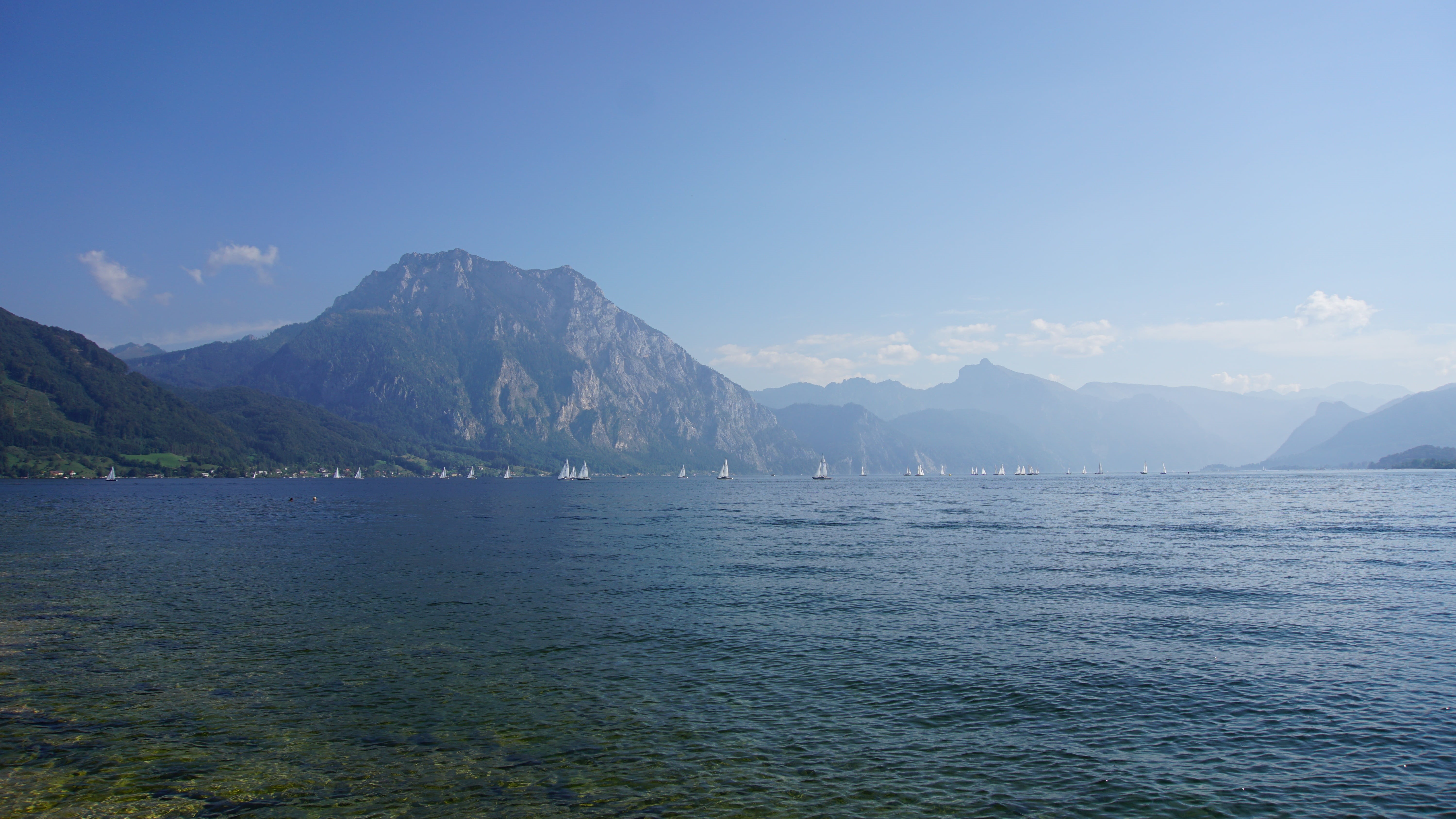travel, idyllic, mountain, sea, gmunden, sky, holiday, mountain range, no people, mountain peak, tranquility, water, blue, environment, cloud - sky, austria, HD Wallpaper