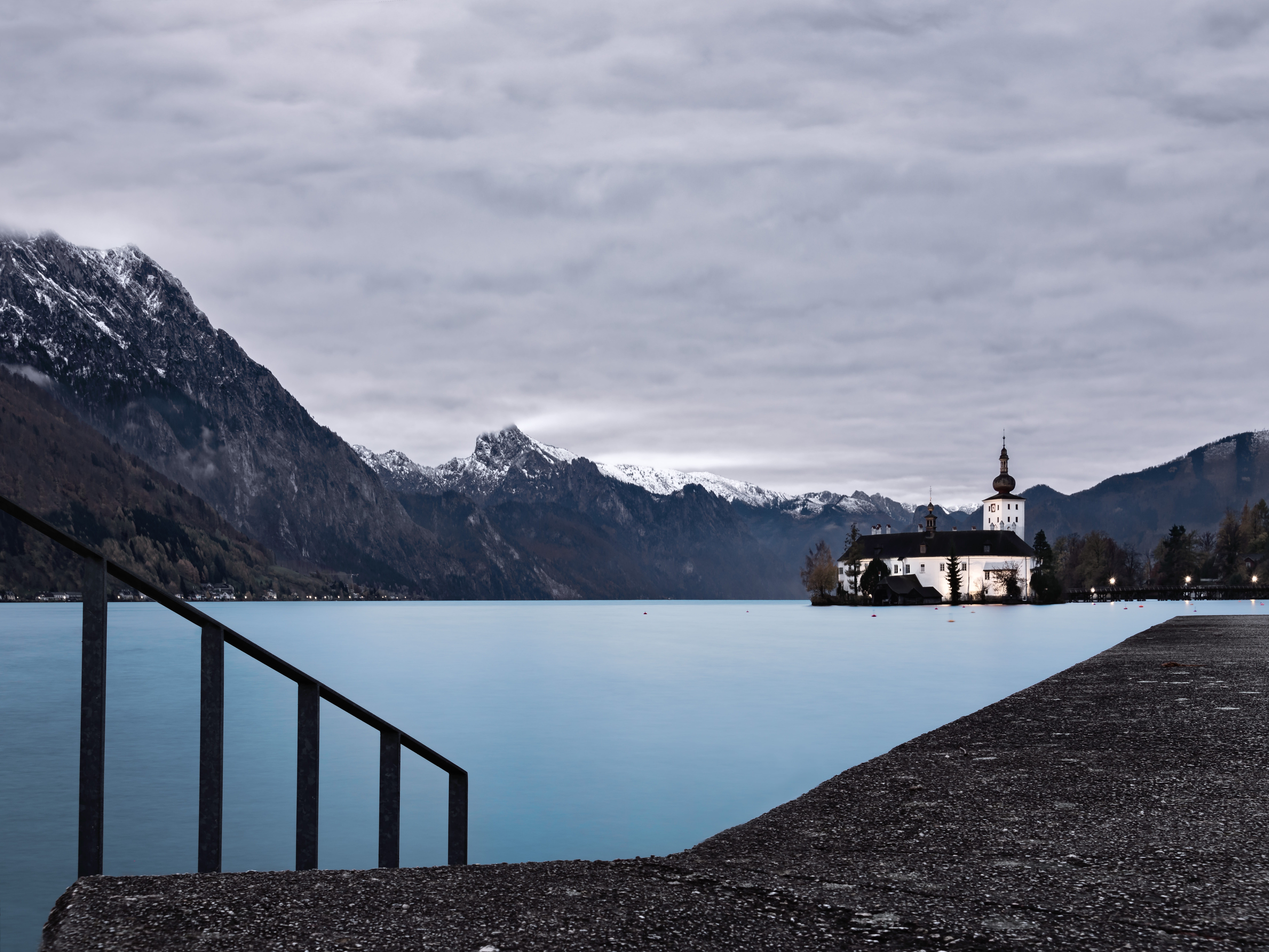 architecture, traunsee, castle, snow, built structure, seeschloss, cloud - sky, 8K, mountain, tranquil scene, mountains, mystical, winter, snowy, snowcapped mountain, HD Wallpaper