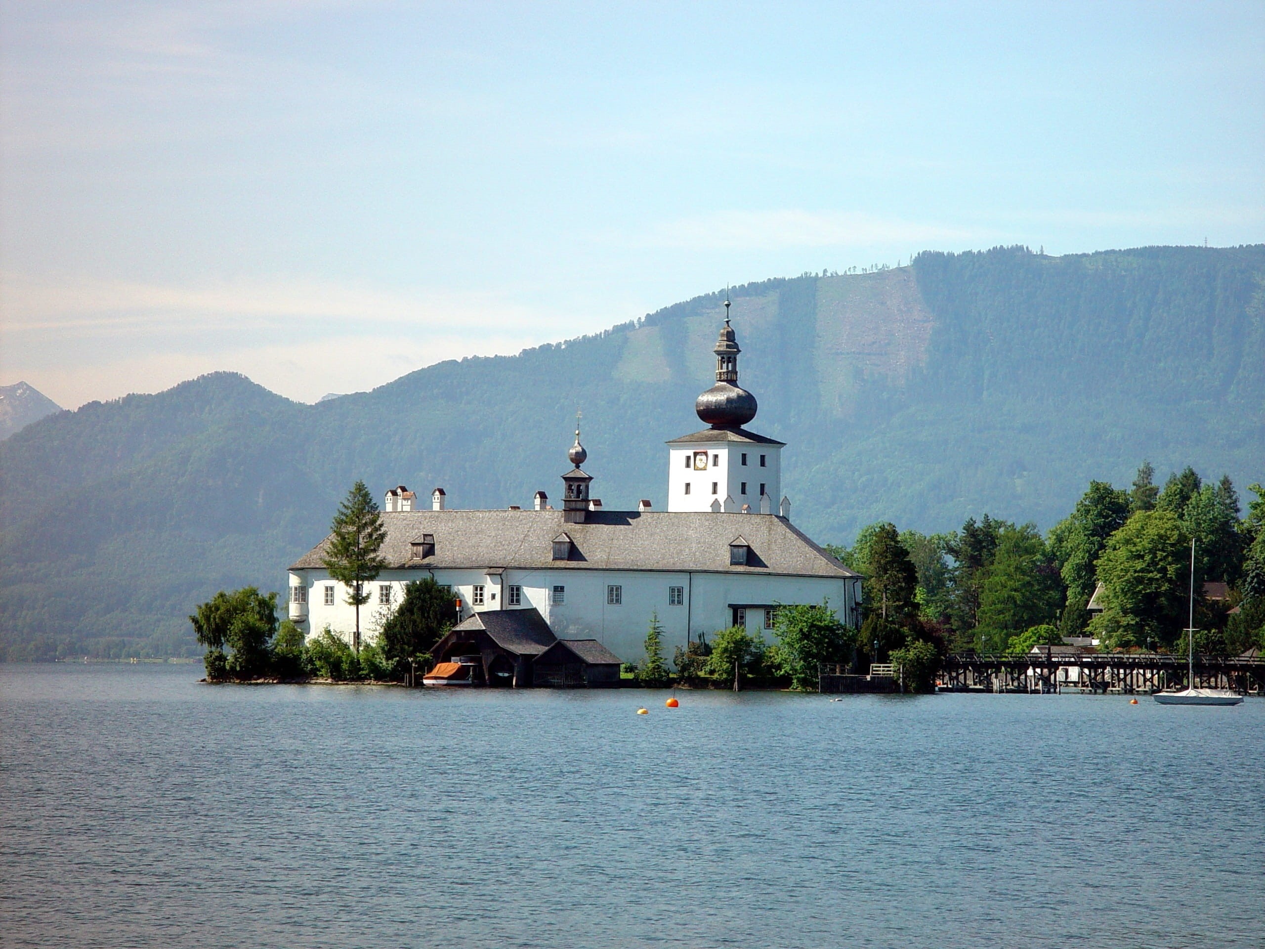 sky, day, sea castle place, building, building exterior, water, traunsee, architecture, nature, religion, built structure, place of worship, tree, plant, HD Wallpaper
