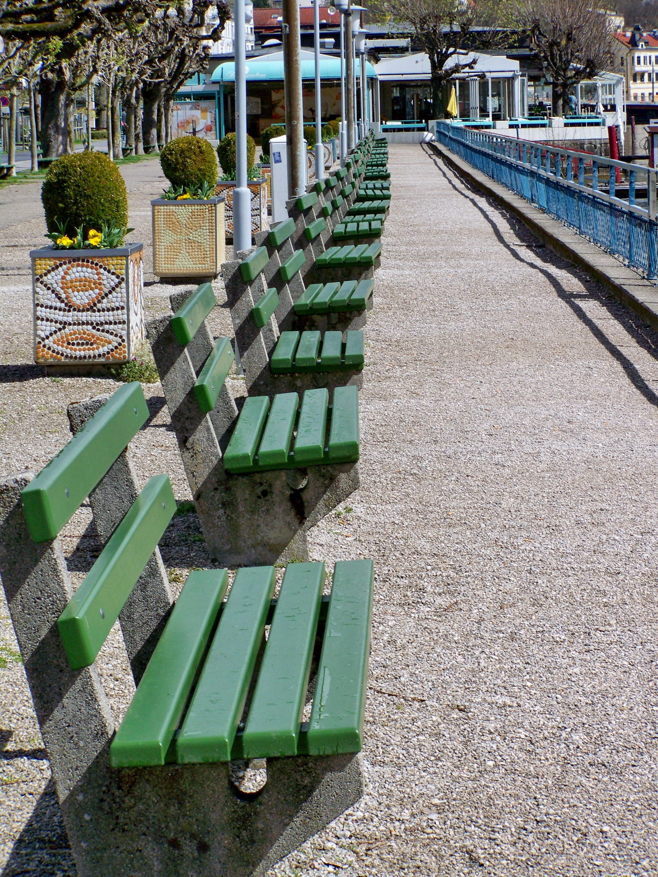 green color, built structure, promo, no people, chair, architecture, in a row, railing, footpath, nature, sunlight, empty, 2K, benches, gmunden, the way forward, Phone HD Wallpaper