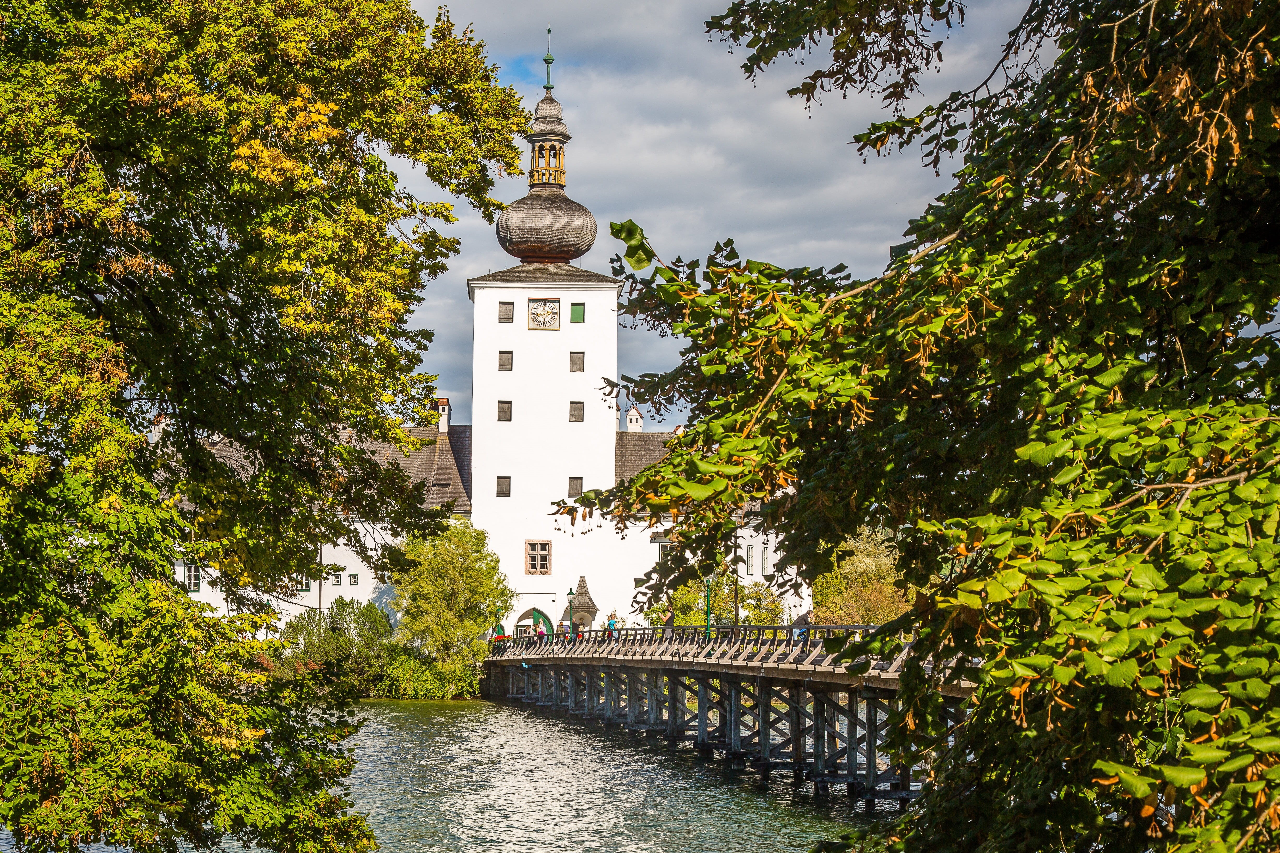 tree, building exterior, no people, growth, alpine, sky, green color, outdoors, building, bridge - man made structure, 4K, place of worship, austria, water, HD Wallpaper