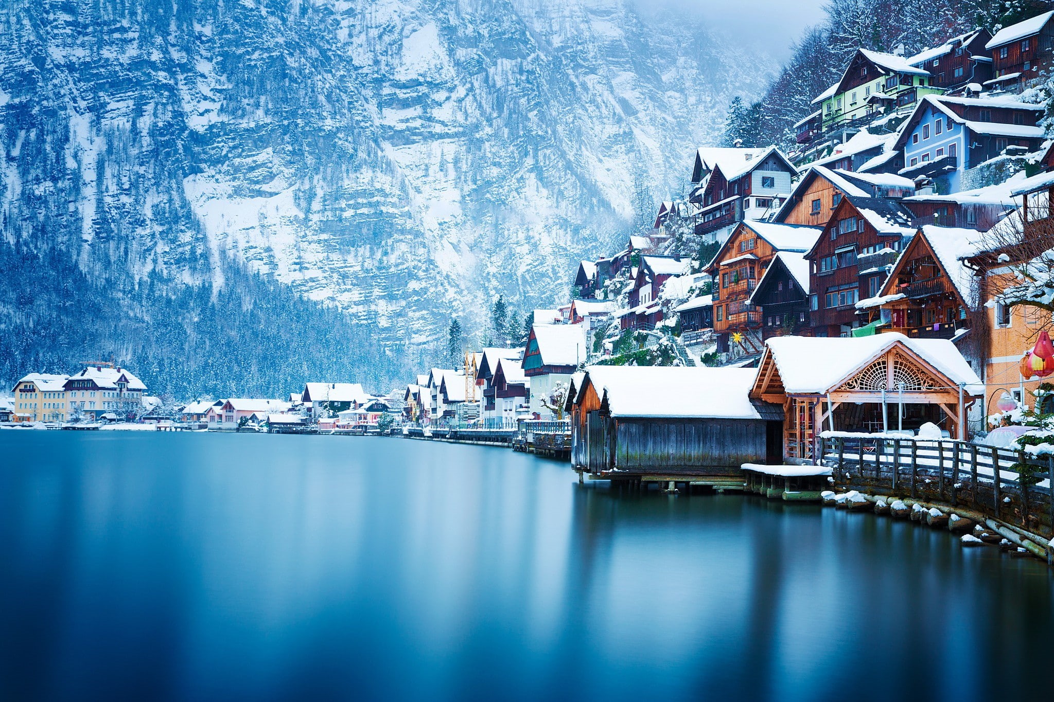 urban, house, lake, Austria, photography, winter, 1080P, snow, Hallstatt, water, mountains, landscape, nature, HD Wallpaper