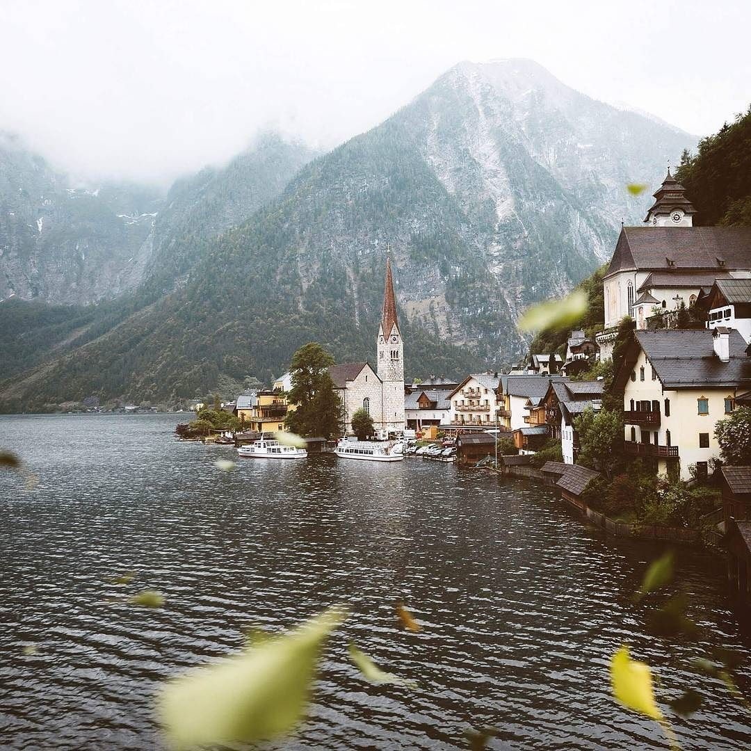 leaves, town, village, religion, trees, building exterior, architecture, day, building, ship, mountains, no people, house, mountain, 480P, nature, water, Phone HD Wallpaper