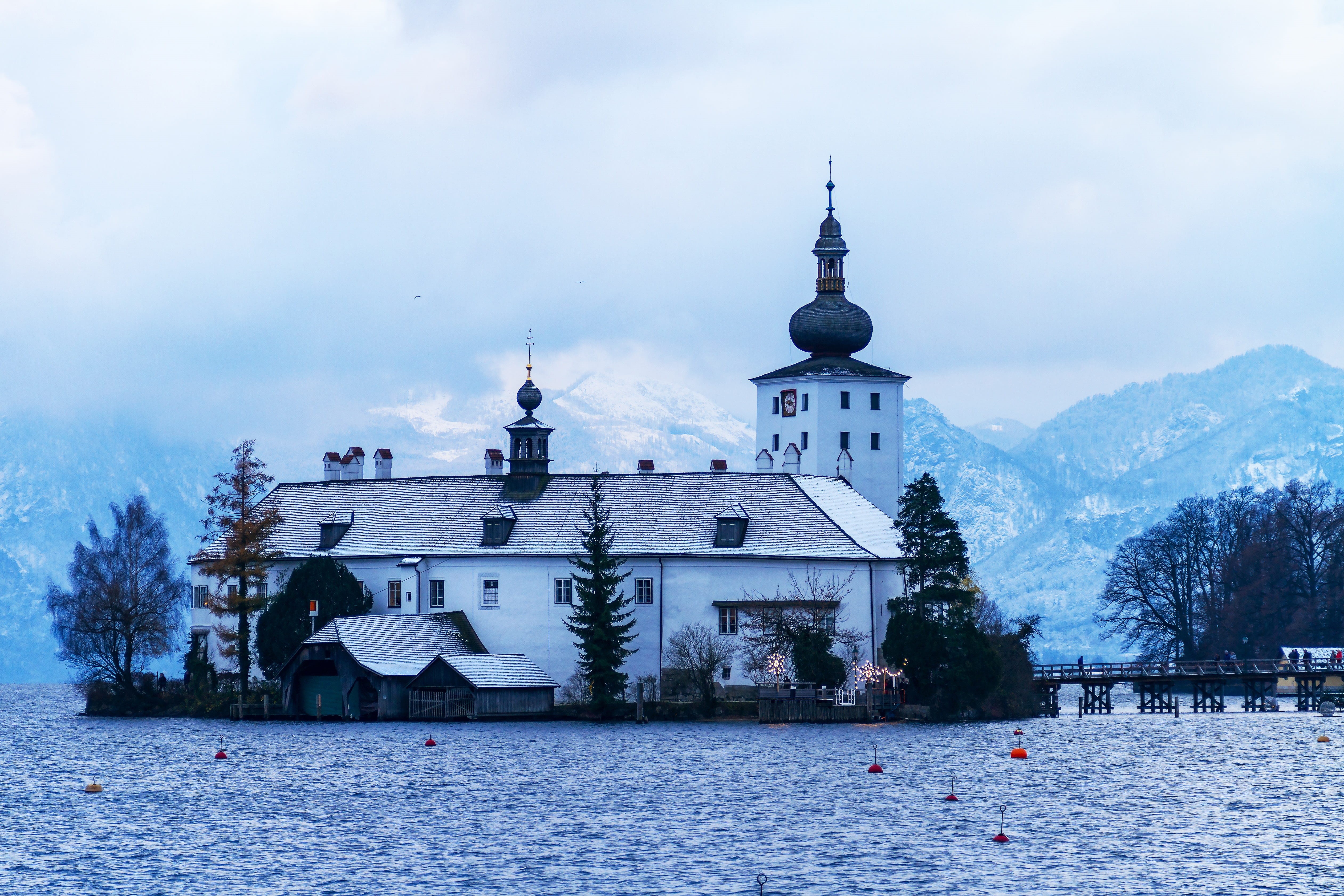 snow, building exterior, mood, waters, house, austria, seeschloss, near, traunsee, building, travel, gmunden, architecture, spire, tourist attraction, places of interest, HD Wallpaper