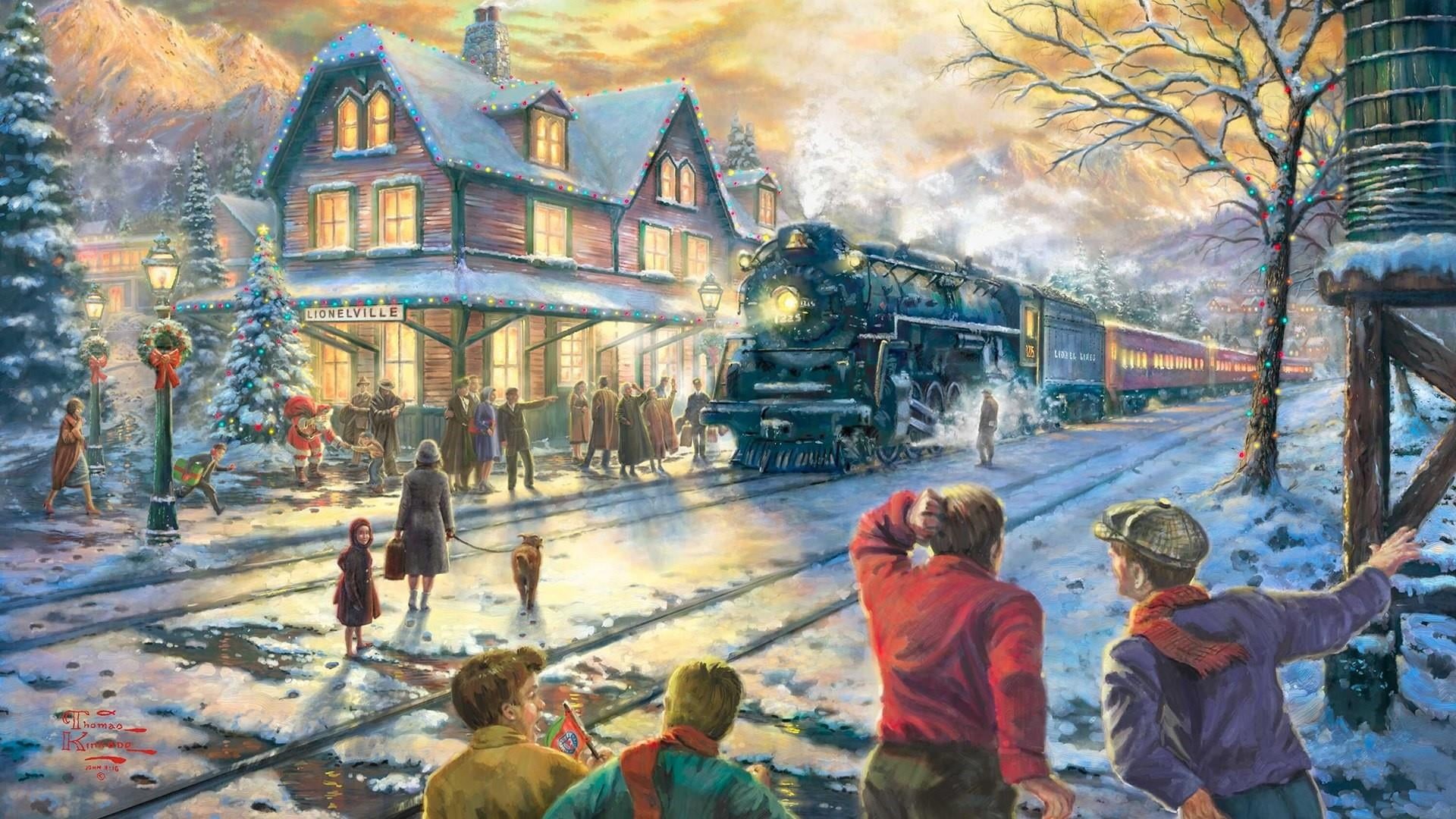 women, tree, men, train, children, artwork, nature, town, winter, paint, painting, people, christmas, christmas scenery, group of people, city, outdoors, HD Wallpaper