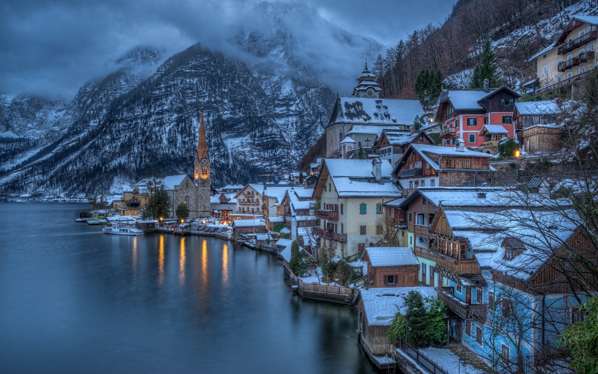 city, snow, 1080P, lake, sea, mist, mountains, overcast, Austria, Hallstatt, winter, HD Wallpaper