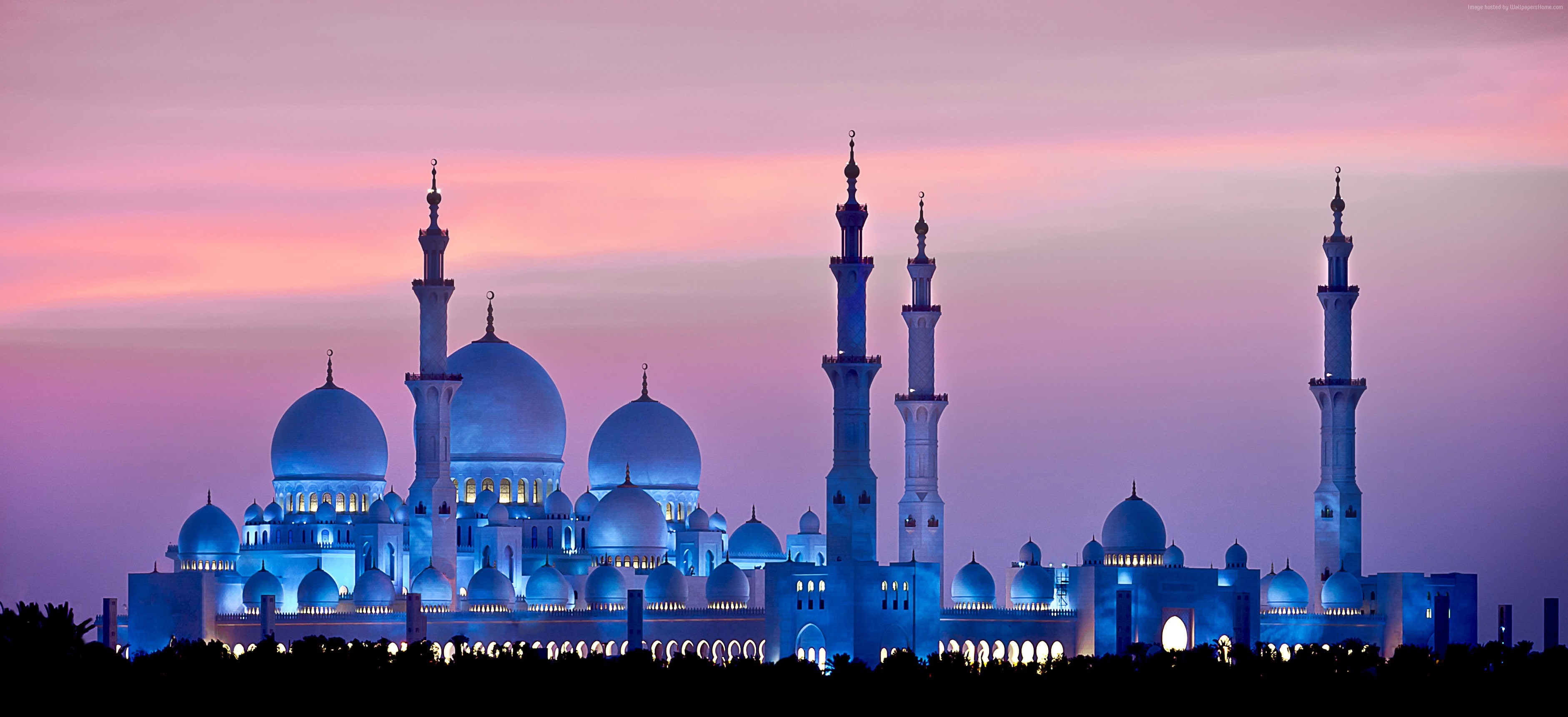 Abu Dhabi, sunset, Sheikh Zayed Mosque, sky, 2K, 4K, HD Wallpaper