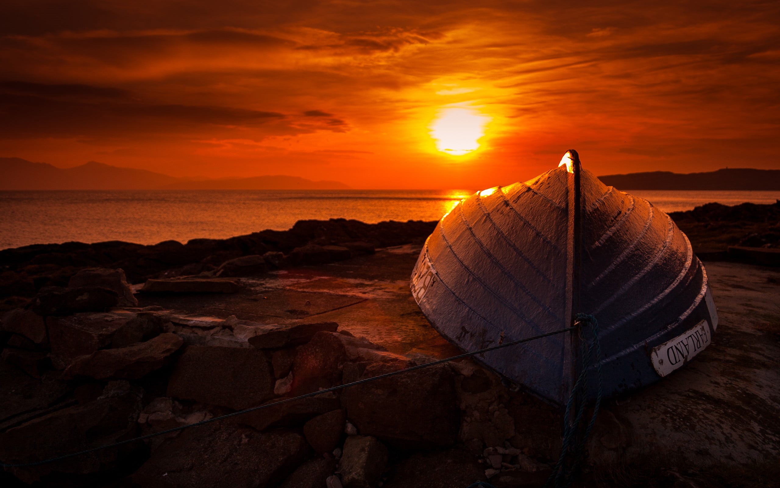 tranquility, 2K, dome, boat, white, black, orange color, sky, sunset, cloud - sky, scenics - nature, outdoors, sea, beach, idyllic, no people, solid, horizon over water, HD Wallpaper