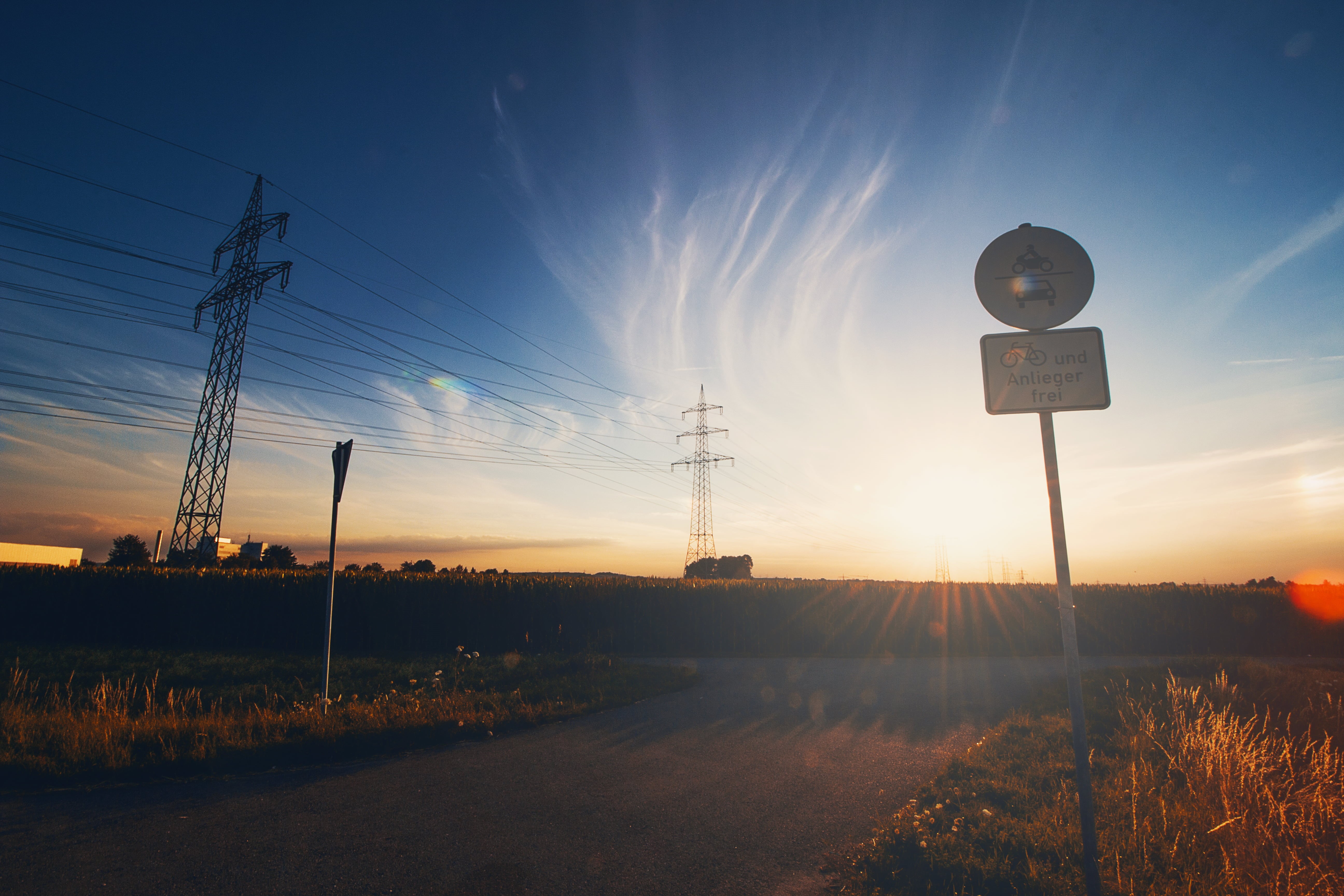 sunset, 5K, electricity, road sign, photography, transportation, clear sky, cable, Sun, nature, white, field, sky, cloud - sky, electricity pylon, guidance, HD Wallpaper