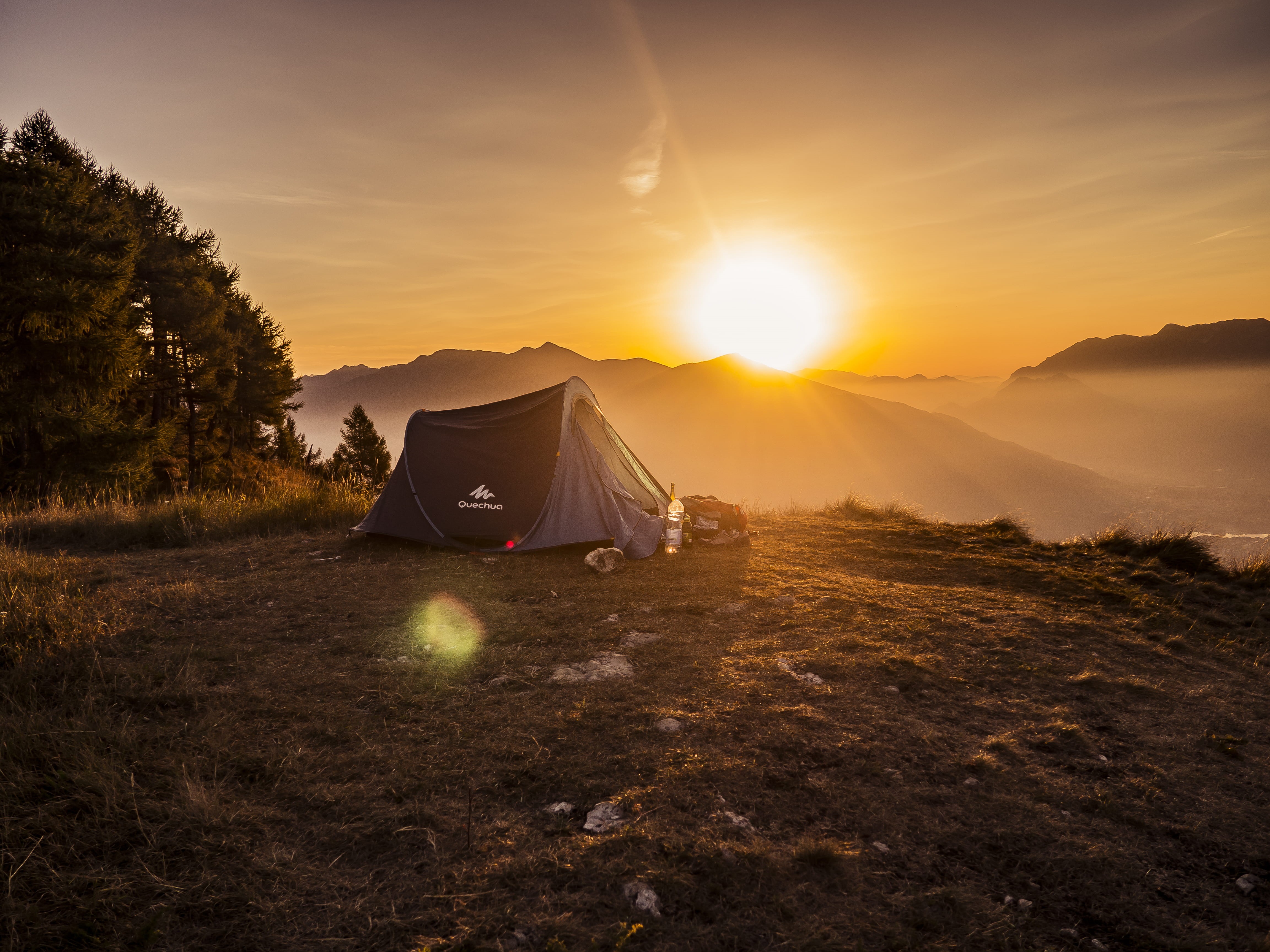 field, sun, sunlight, plant, scenics - nature, near, sunset, tree, background, mountain, sunbeam, 4K, travel, sunrise, environment, camping, mode of transportation, HD Wallpaper