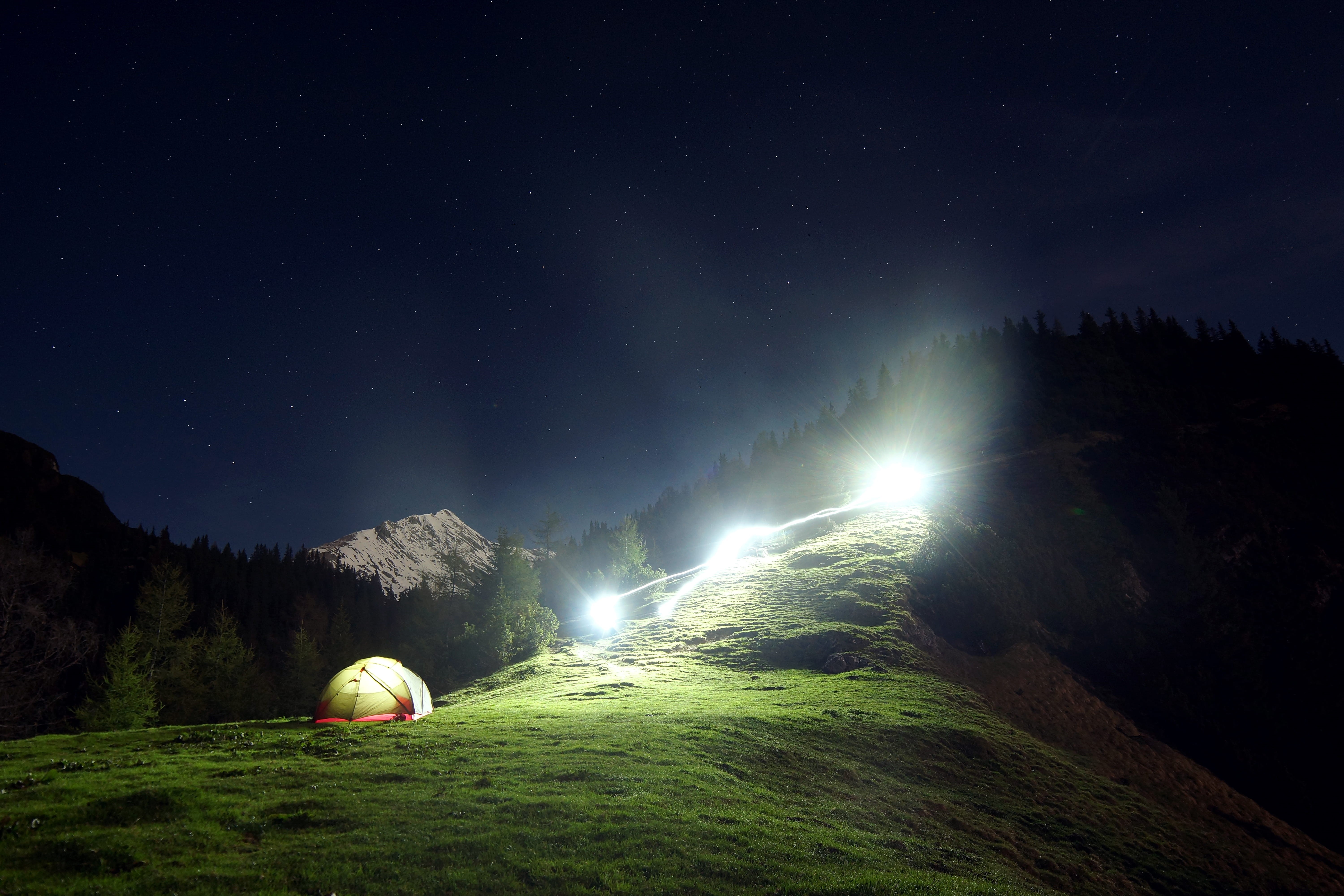 nature, green, moon, tent, space and astronomy, night, tranquility, scenics, agriculture, star - space, dome, lights, green field, sky, plant, camping, HD Wallpaper