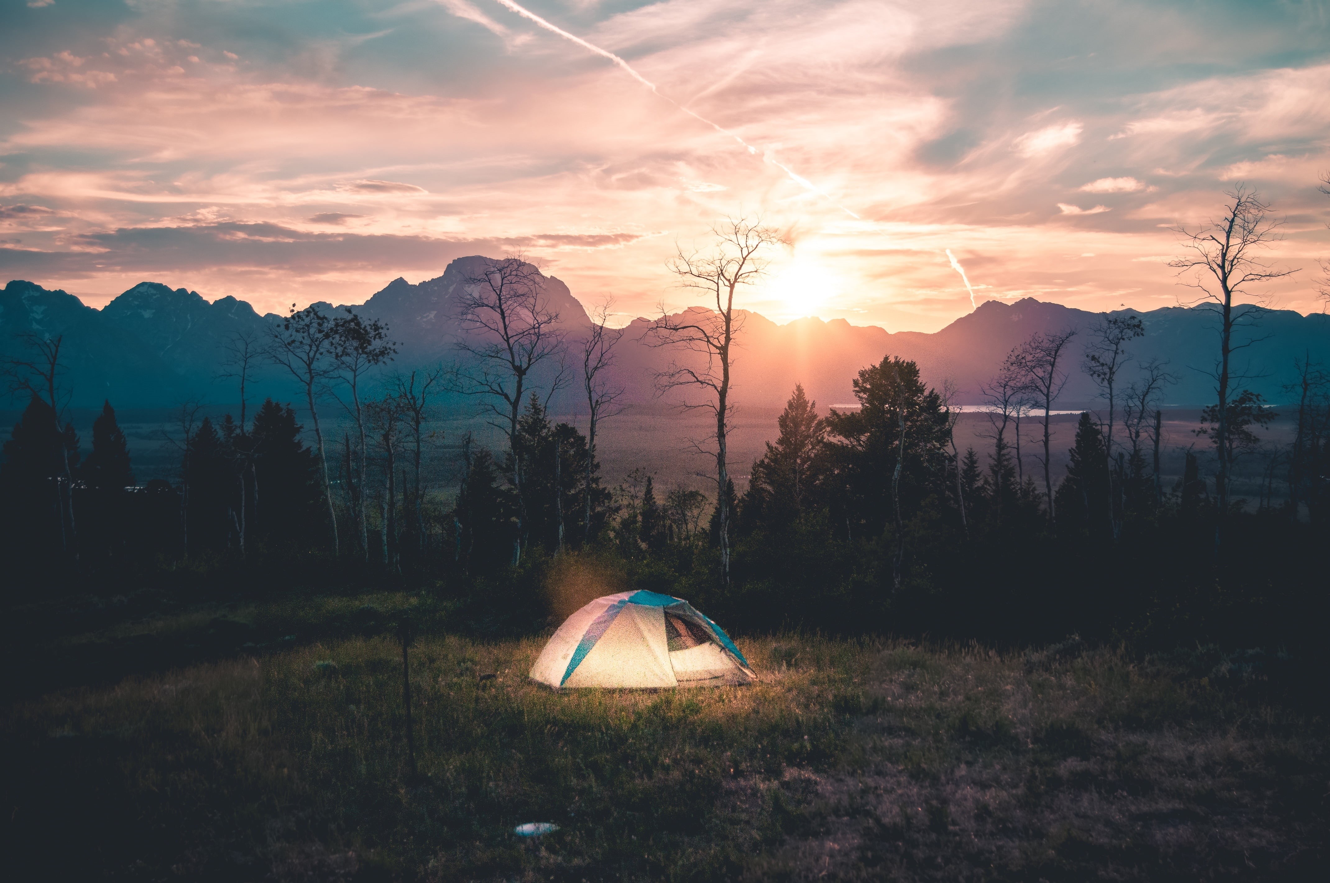 mountain Range, tranquility, recreational Pursuit, orange color, forest, tranquil scene, blue, outdoors, travel, hiking, camping, exploration, field, non-Urban Scene, HD Wallpaper