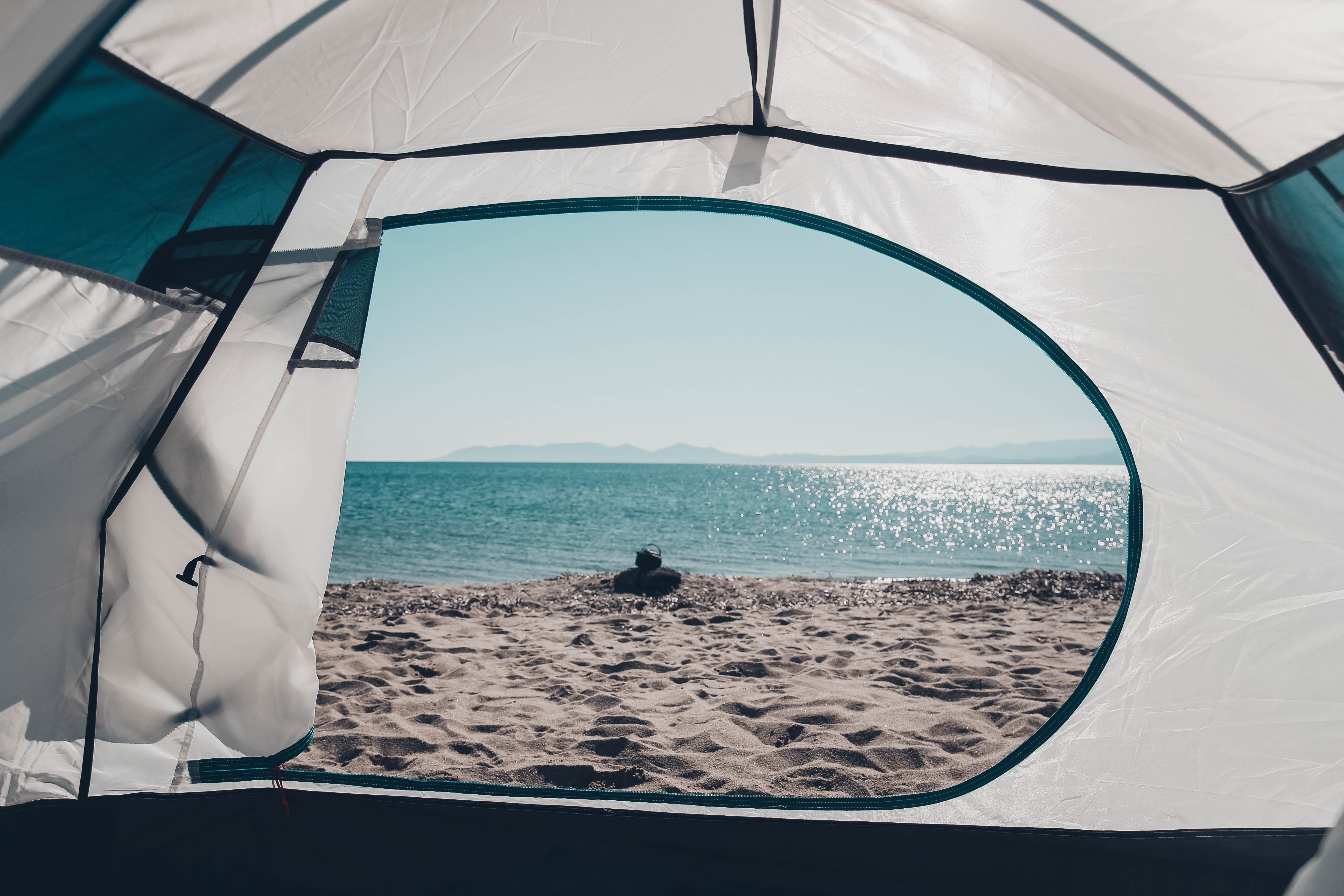 mountain tent, water, inflatable, white, travel, human, porthole, daytime, art, grey, sand, window, mode of transportation, person, day, sunlight, beach, HD Wallpaper