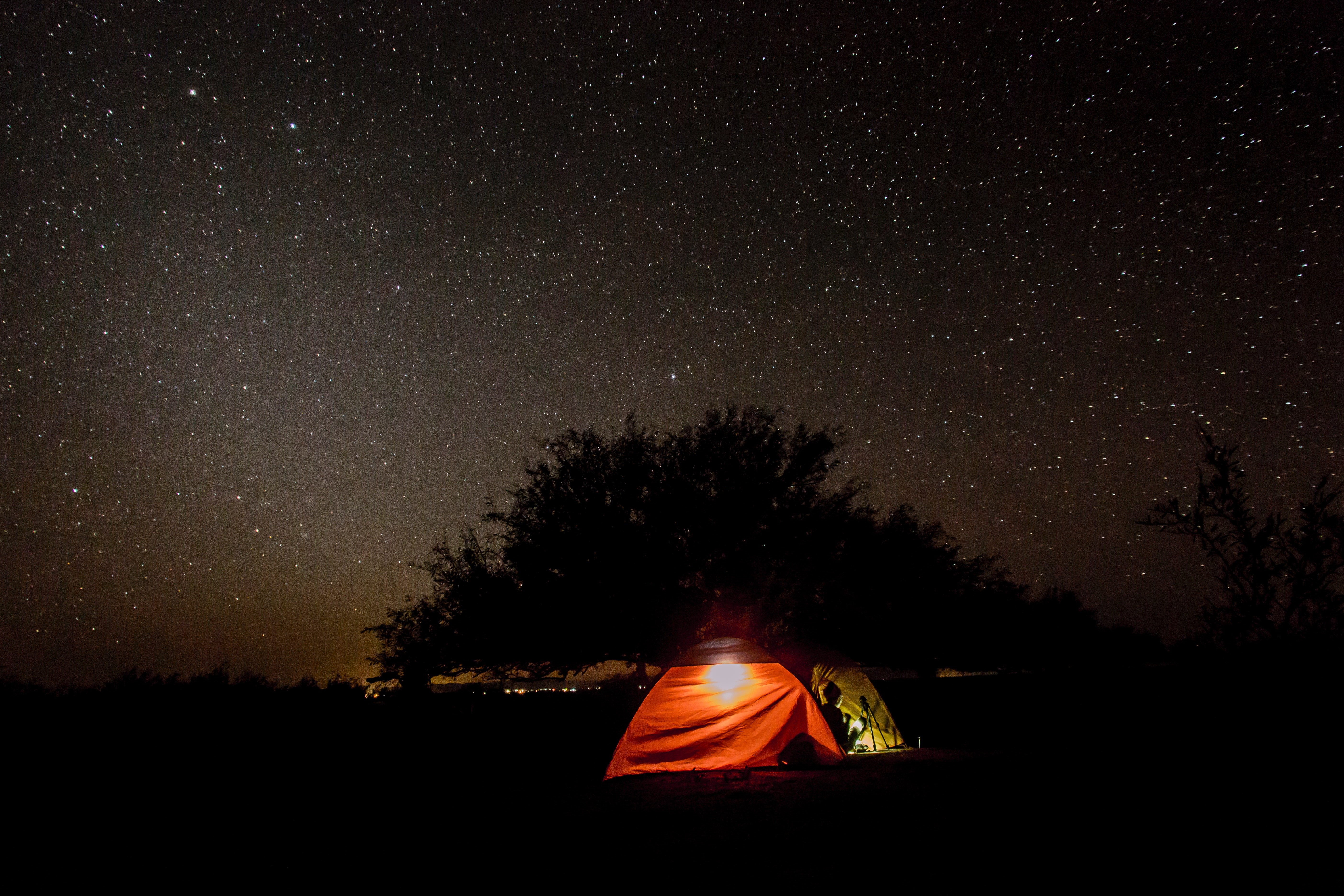 galaxy, space, beauty In Nature, dome Tent, 5K, astronomy, scenics - nature, forest, wilderness Area, sky, starry sky, exploration, milky Way, orange color, HD Wallpaper