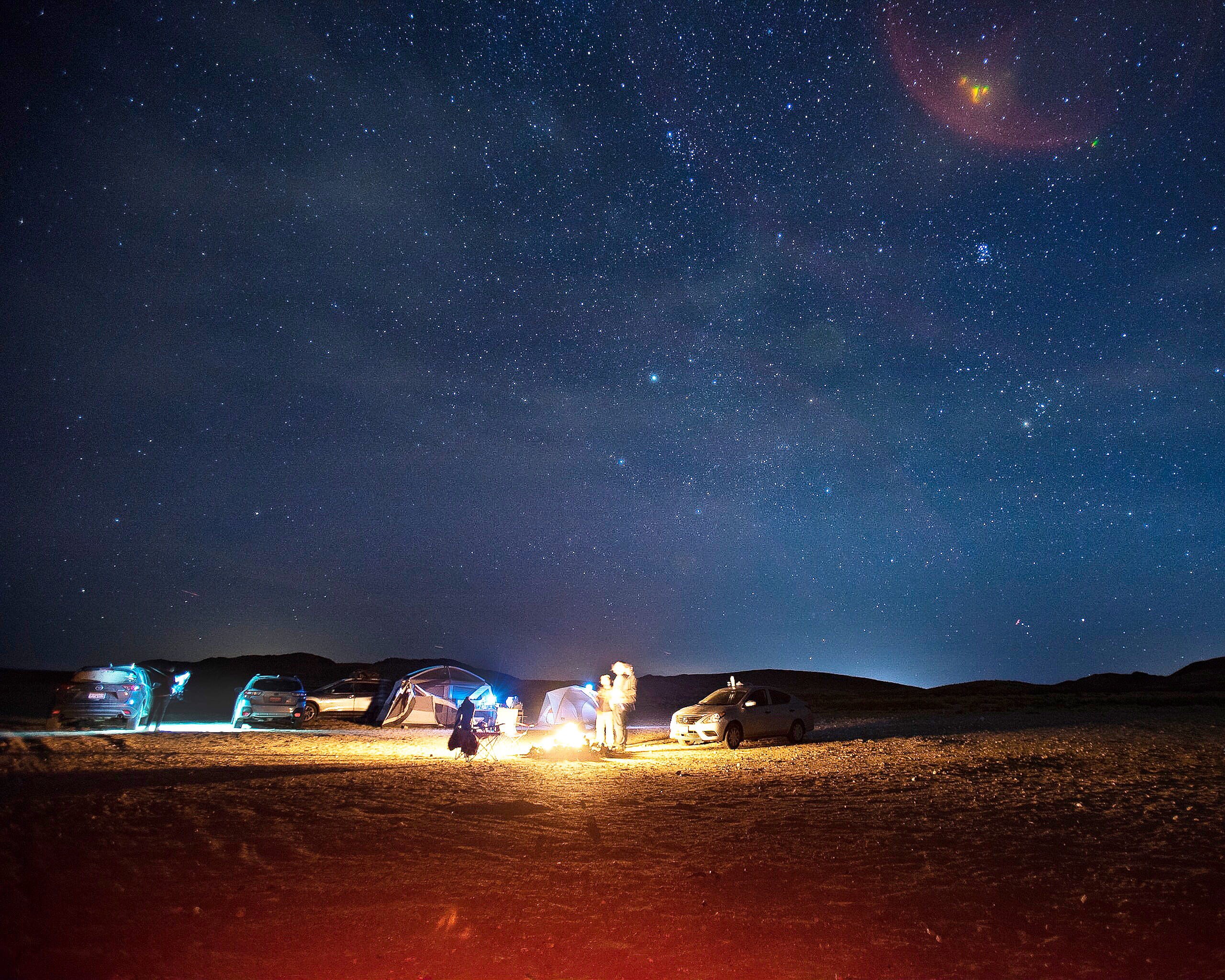 star - space, scenics - nature, land, galaxy, nighttime, sky, desert, dome, time, star field, night, fire, transportation, lighted, mode of transportation, HD Wallpaper