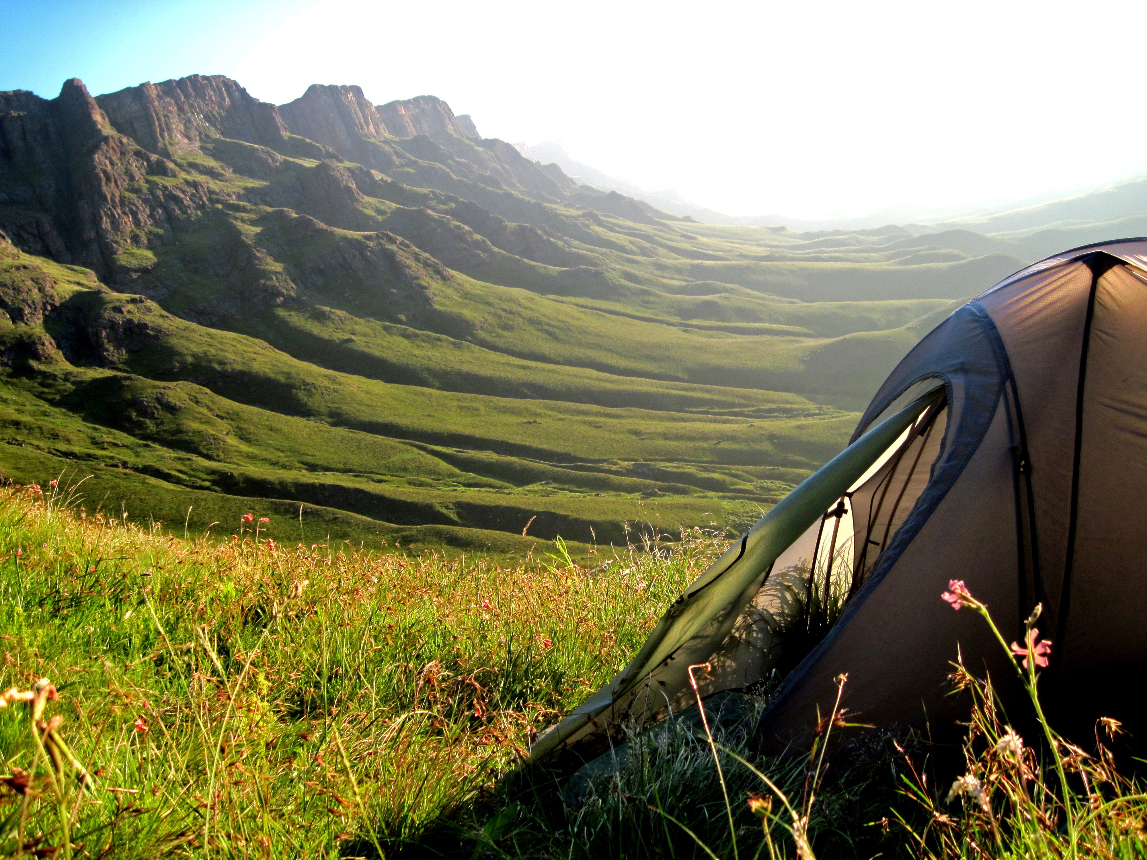 sani pass, camping, tranquil scene, mountain pass, 4K, nature, land, lesotho, grass, mountain, plant, growth, beauty in nature, no people, day, tent, environment, HD Wallpaper