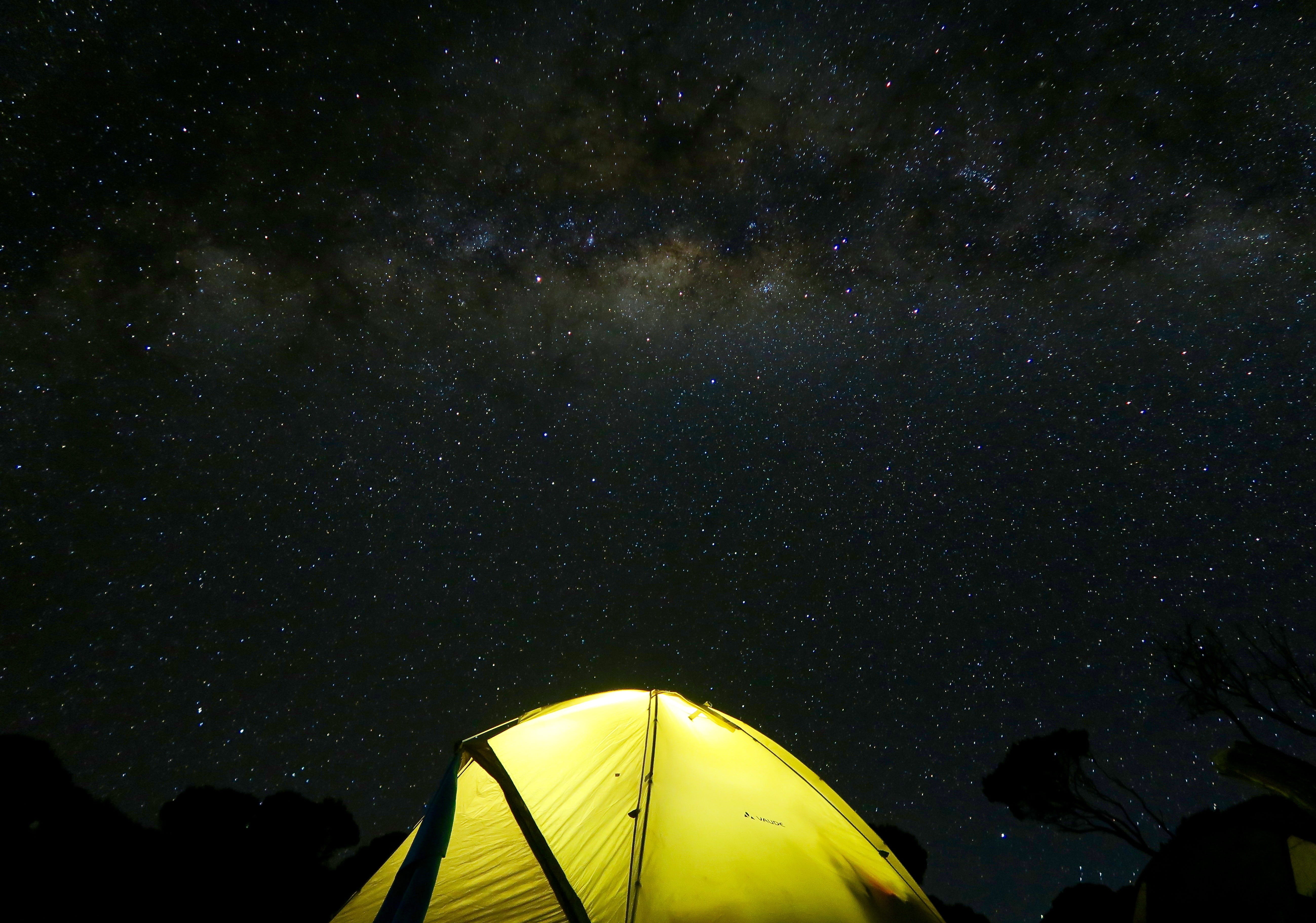 sky, star field, star, black, night, camping, astronomy, campign, nighttime, tent camping, galaxy, tent, star - space, outdoors, space, starry sky, yellow, HD Wallpaper