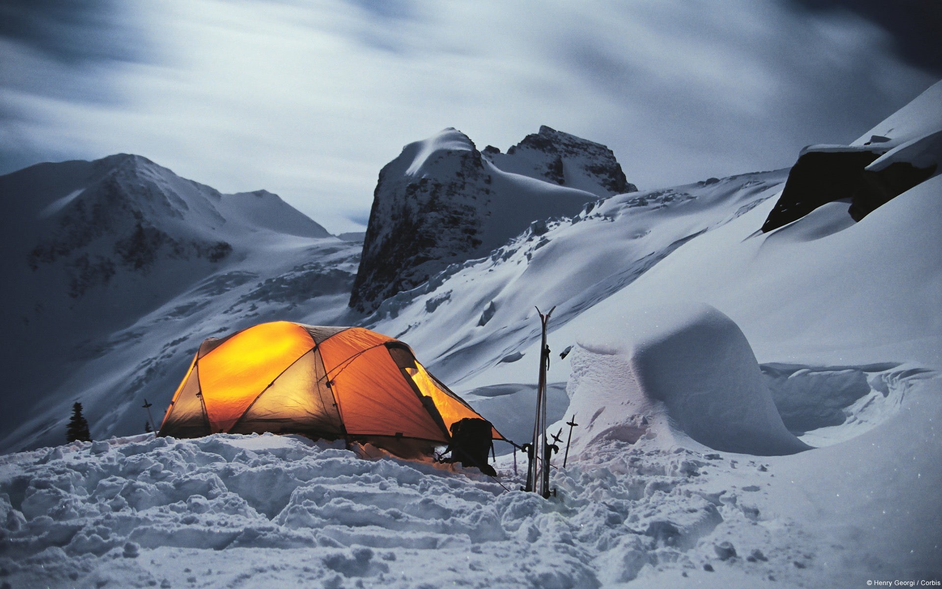tranquil scene, orange, cold temperature, hd, beauty in nature, tranquility, brown, outdoors, sky, mountain range, tent, snowcapped mountain, white color, HD Wallpaper