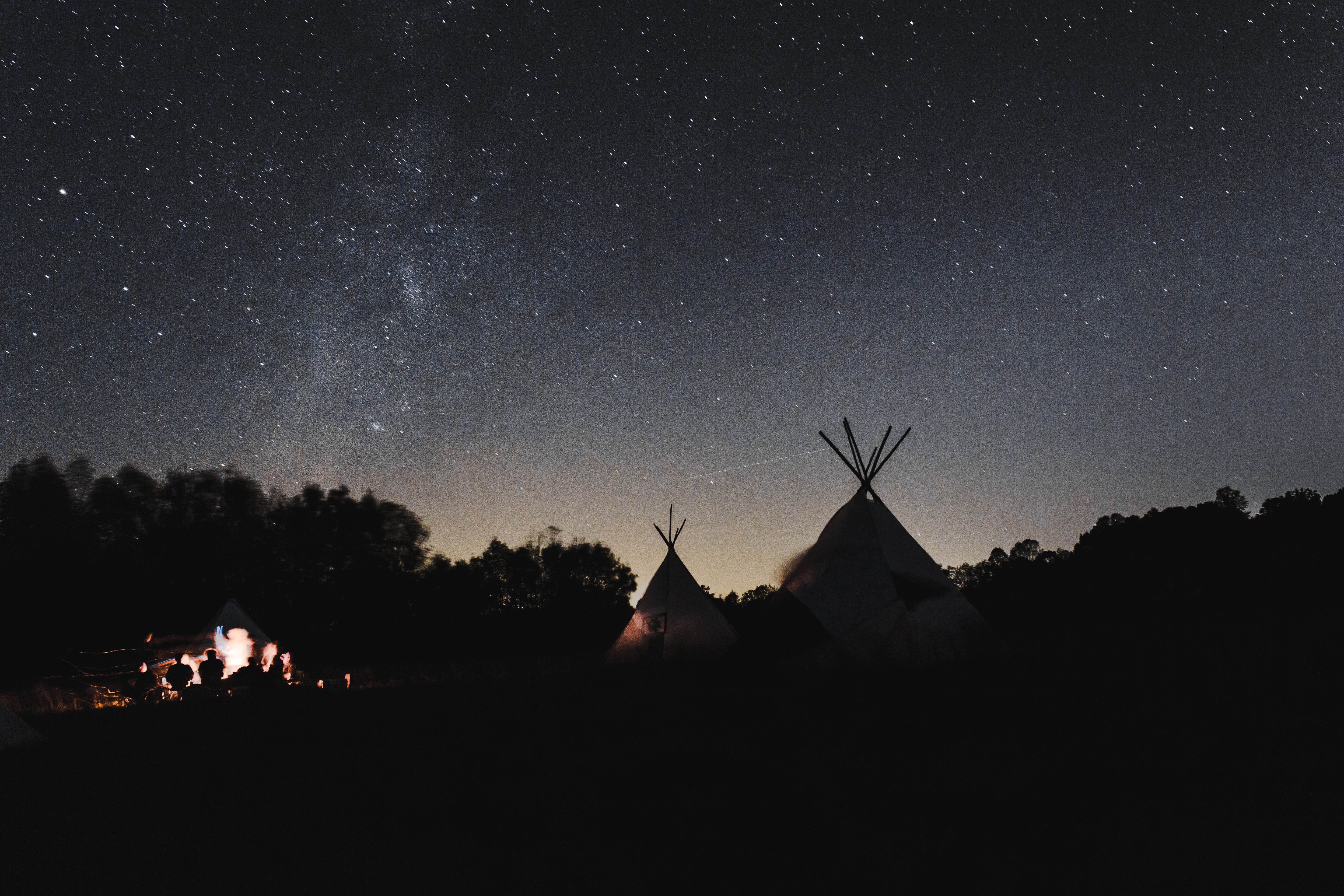 dark, tents, no people, tree, stars, astronomy, camping, nature, star field, tranquility, tranquil scene, two, 5K, outdoor, galaxy, plant, night, beauty in nature, HD Wallpaper